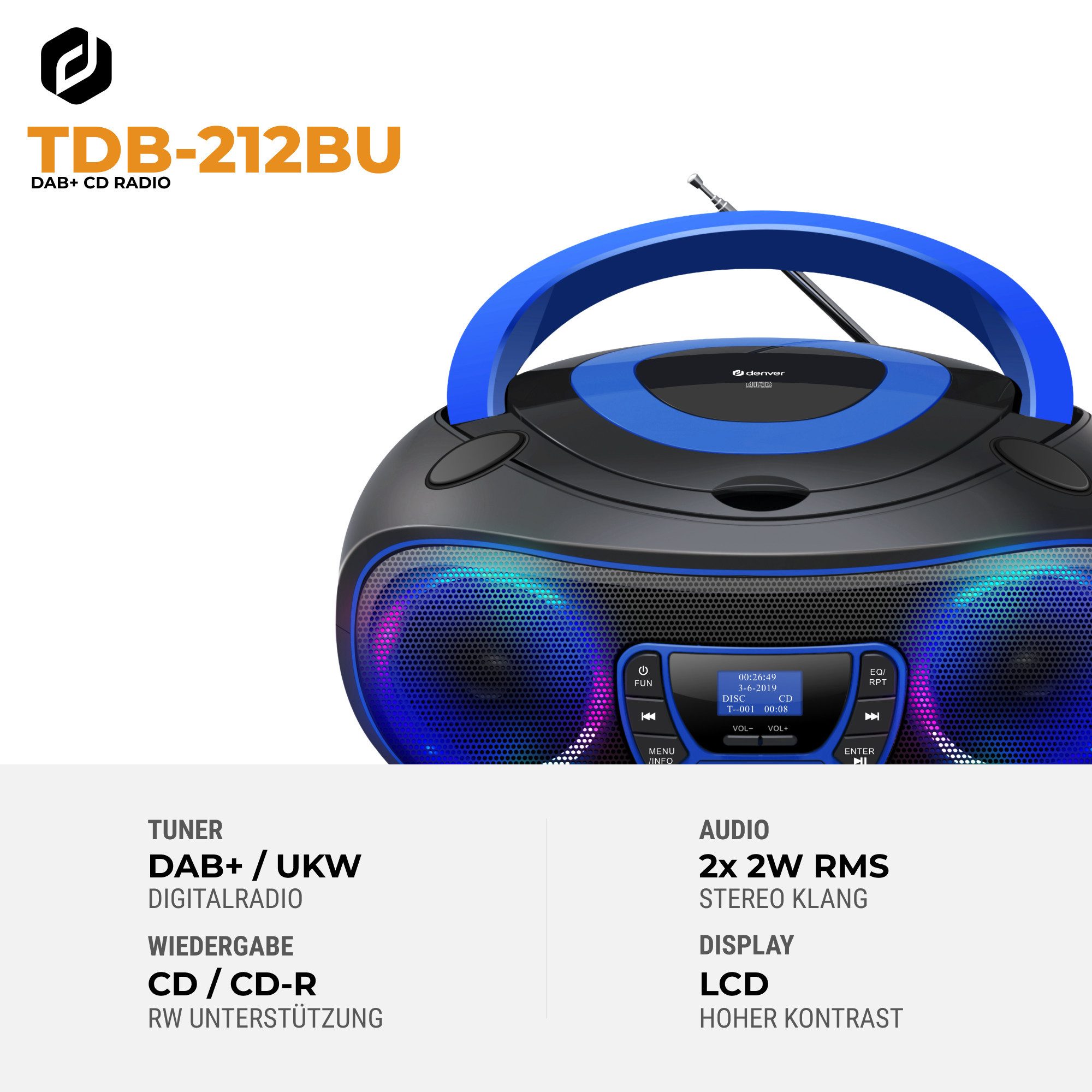 Denver TDB-212BU CD-Player (Bluetooth, DAB+/FM Radio, MP3 via USB,& AUX, Musik Streaming über Bluetooth, CD-Player, Bluetooth, 2 x 18W Output, Batterie- oder Netzbetrieb möglich)
