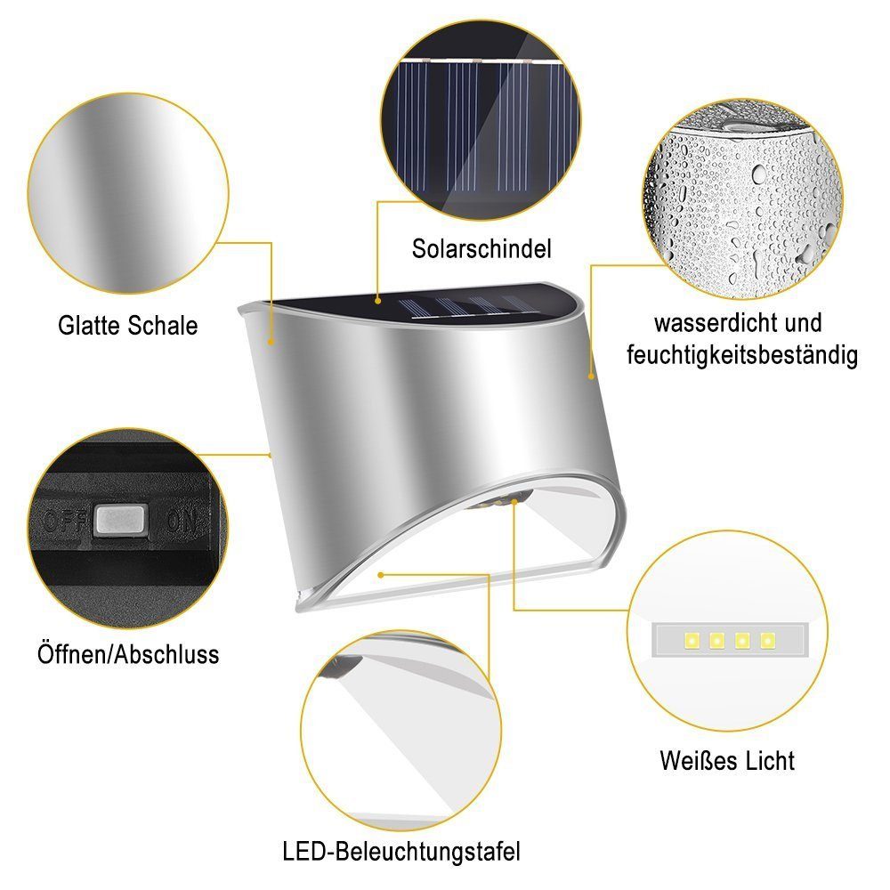 LETGOSPT Stainless Stücke Tageslichtweiß, integriert, Solarleuchte Solarleuchte Steel LED Wandleuchte, LED Solar Sicherheitswandleuchte Solarlampen 4 Edelstah LED Außen fest Wandleuchten für