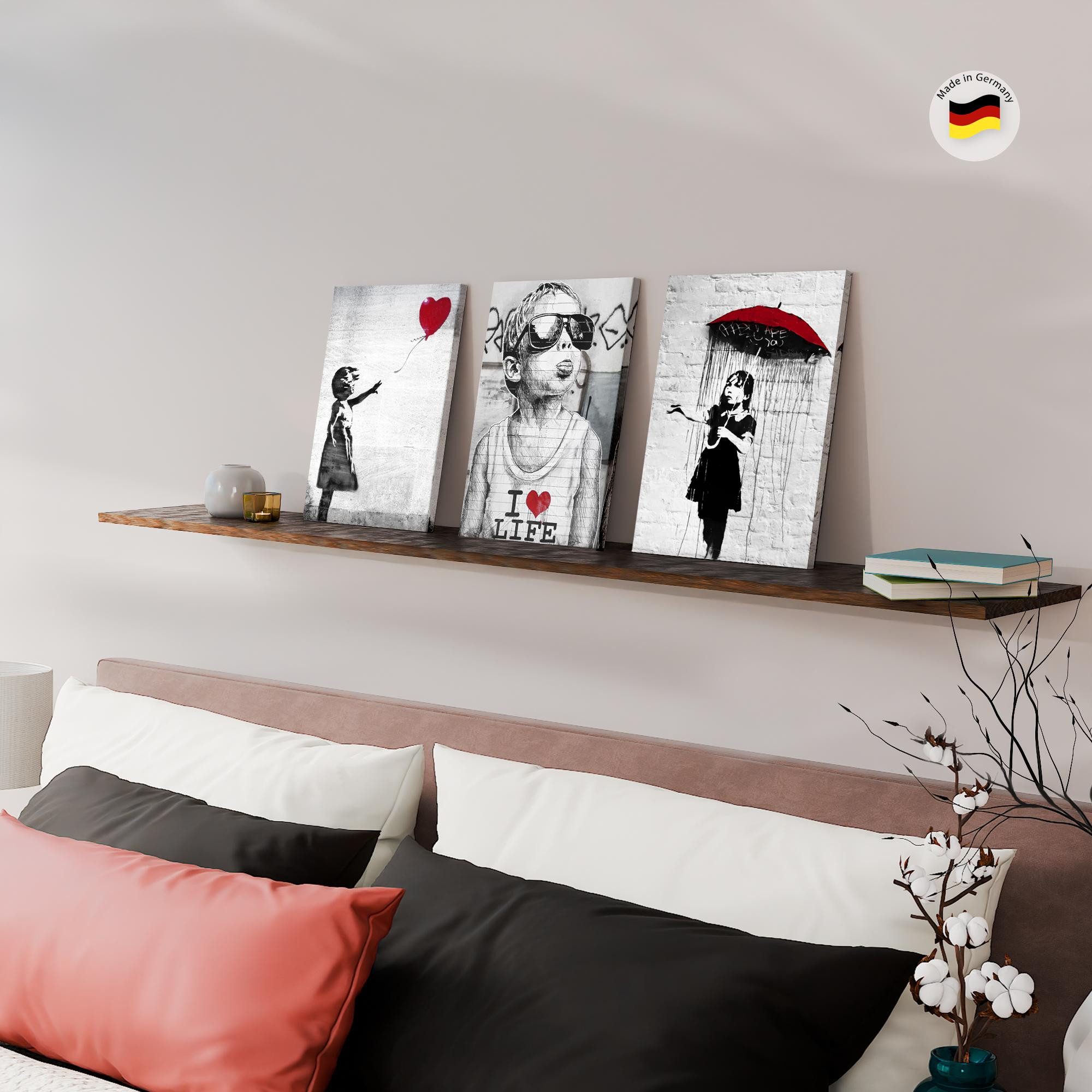 Novart Wandbild Wandbilder Set Banksy Style Collage - 3 Bilder Wohnzimmer Streetart, Kinder