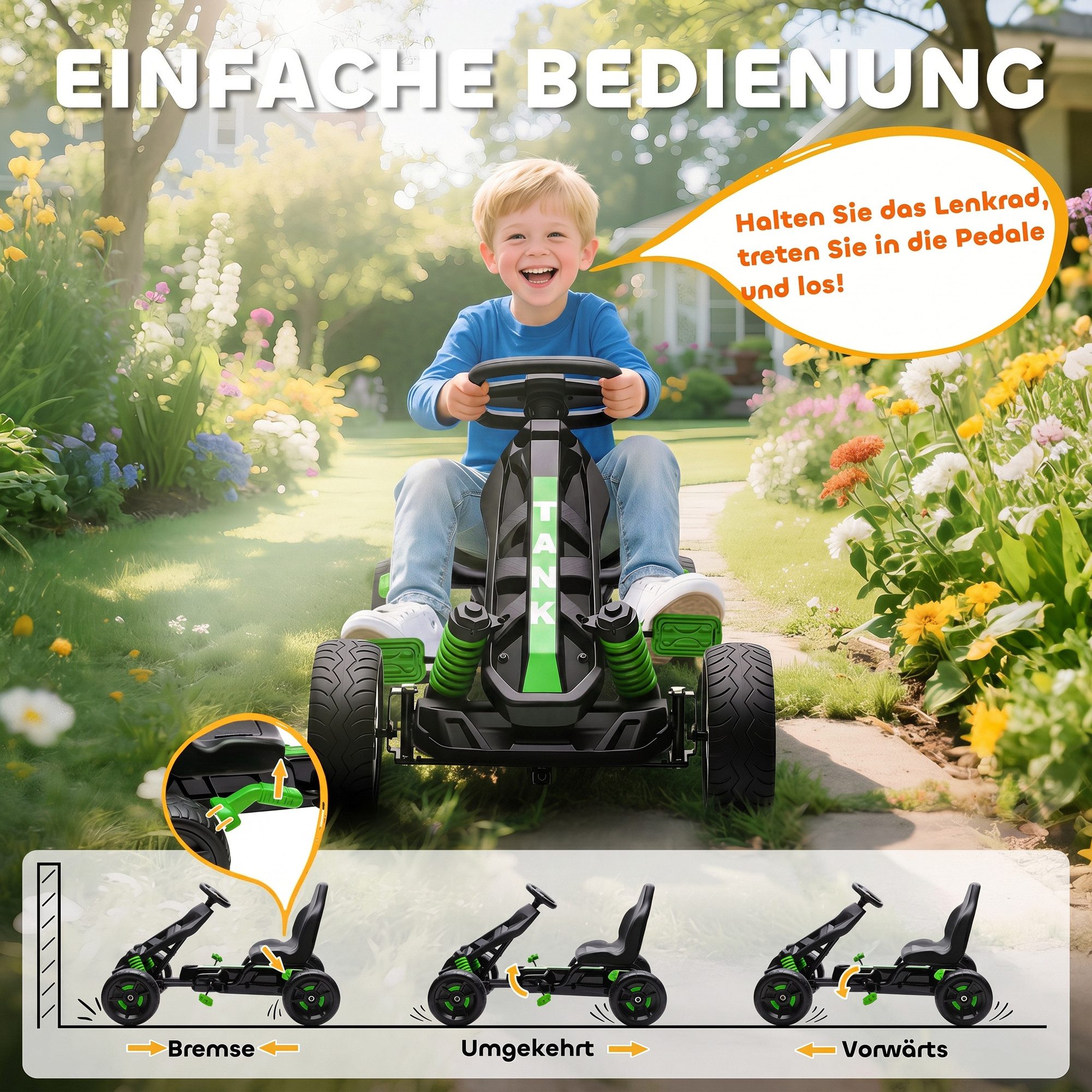 AIYAPLAY Go-Kart Tretauto mit Handbremse Automatisches Kupplungssystem, für Kinder 3-6 Jahren Grün – Bild 4 von 5