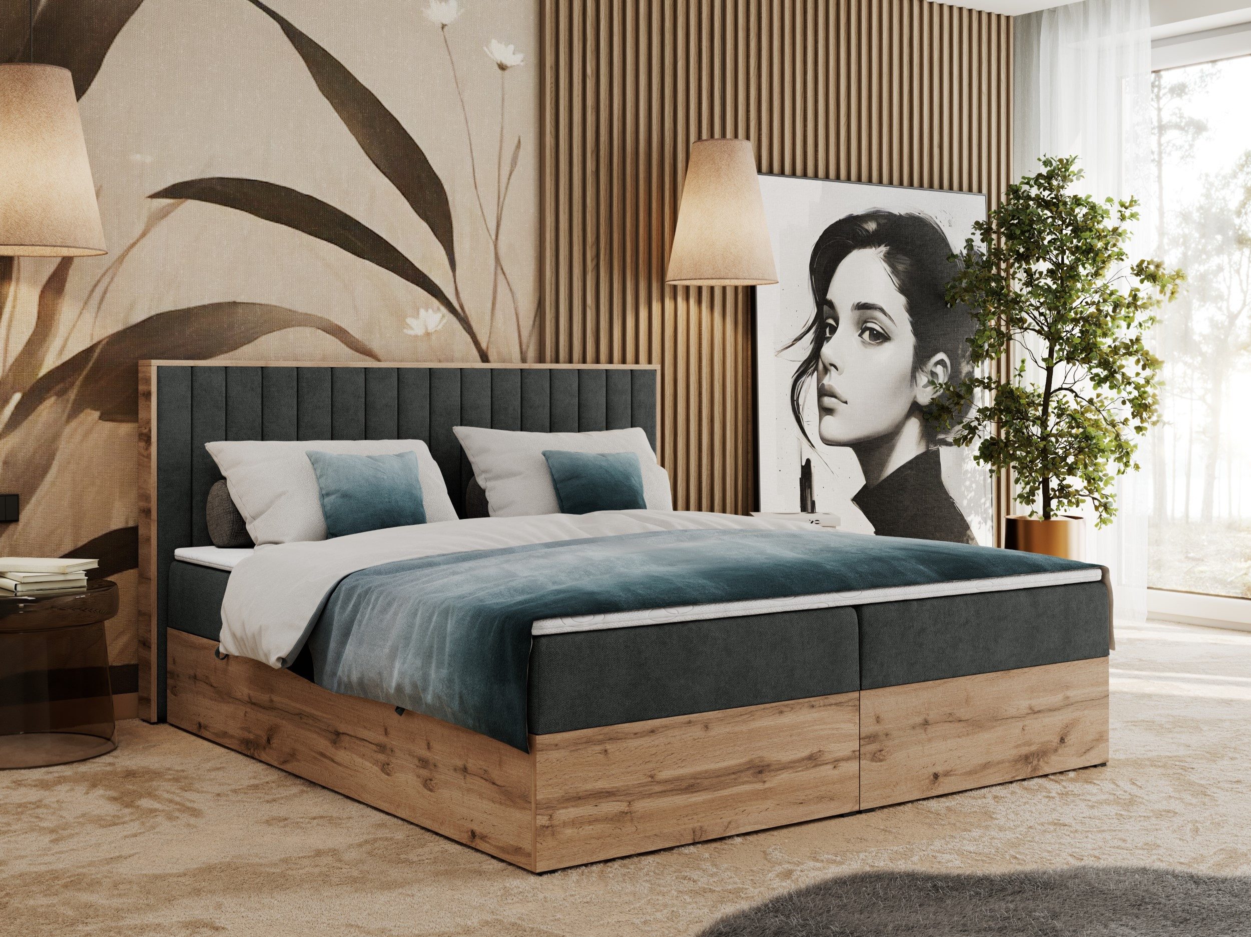 MKS MÖBEL Boxbett ALBERO 4 (Boxspringbett Set, Kopfteil, Topper T25/Visco, Bettkästen, T30-Schaum, Polsterbett), mit Bettkasten, Doppelbett mit Kopfstütze, Möbelplatten, Matratze