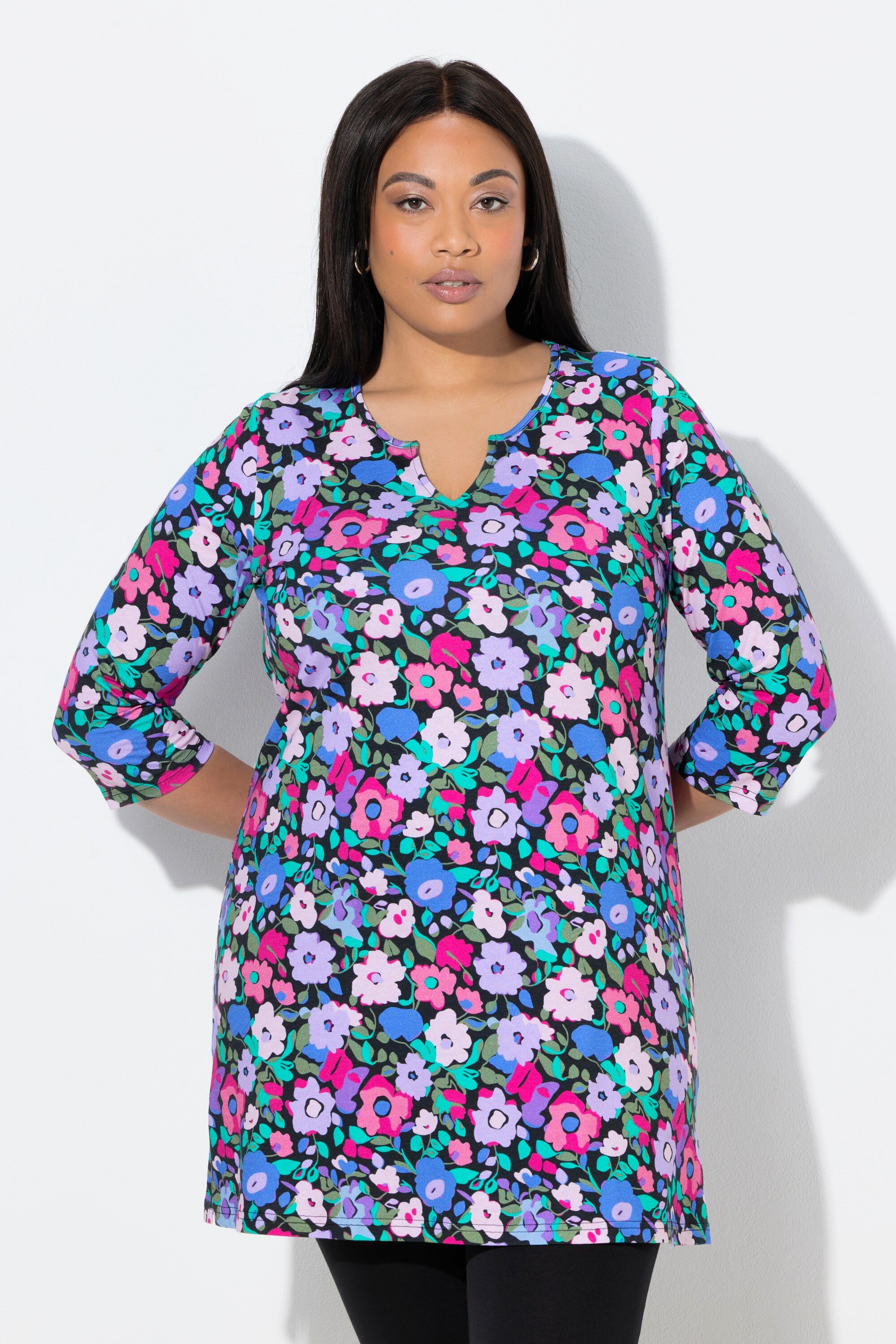 Longshirt Longshirt A-Linie Tunika-Ausschnitt 3/4-Arm