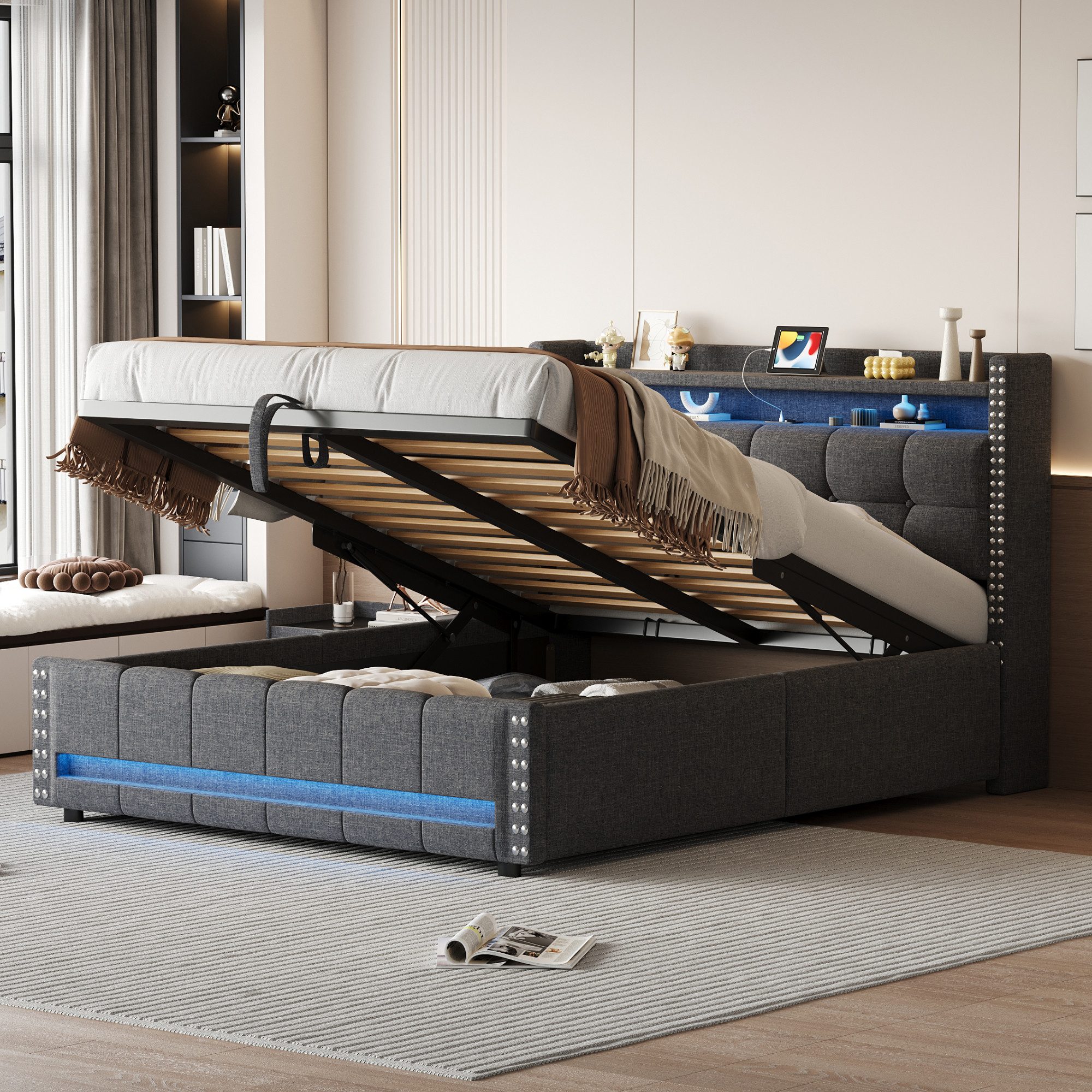 Flieks Polsterbett, LED Hydraulisches Stauraumbett Doppelbett 140x200cm mit günstig online kaufen