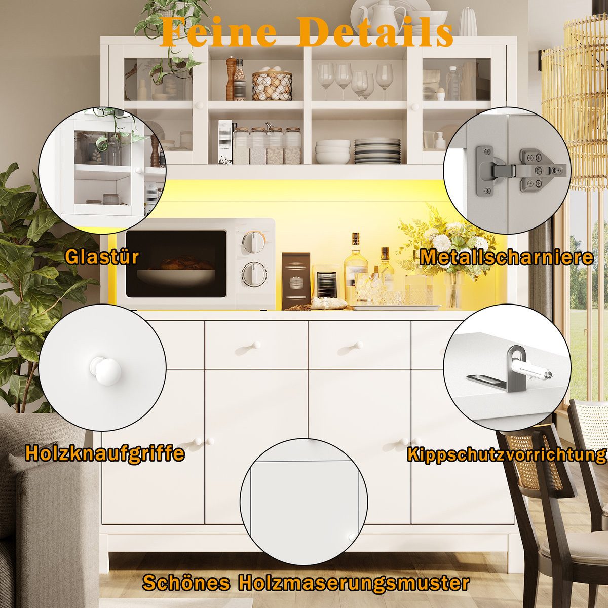 Odikalo Küchenbuffet Küchenschrank Buffetschrank mit App-gesteuerter RGB-LED (140*38.5*180cm mit Glastüren & 4 Schubladen, verstellbare Einlegeböden, Naturholz- – Bild 4 von 5