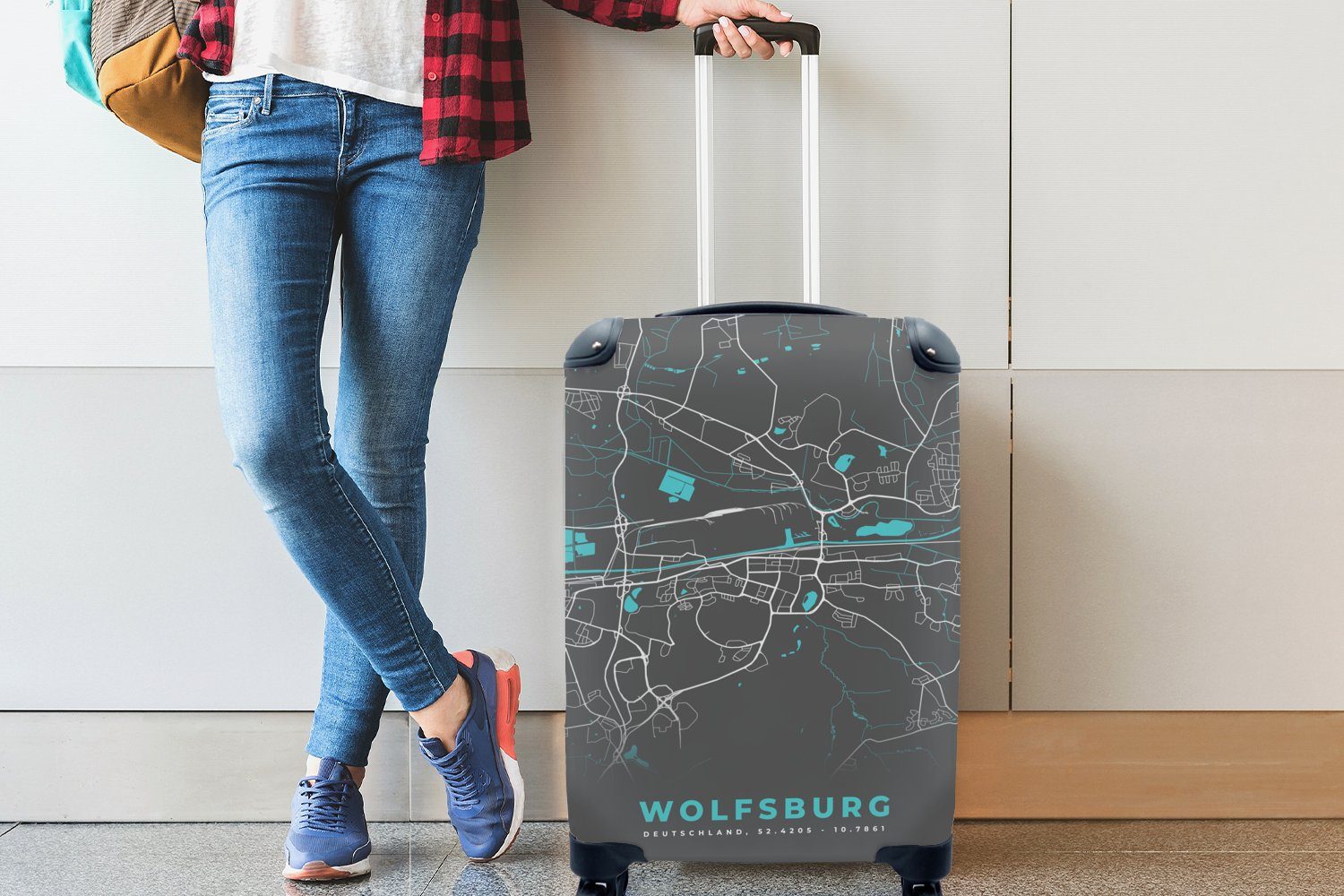 für Deutschland Rollen, MuchoWow - Reisekoffer mit Handgepäck - 4 Wolfsburg Stadtplan - Karte - rollen, - Karte, Blau Handgepäckkoffer Ferien, Trolley, Reisetasche