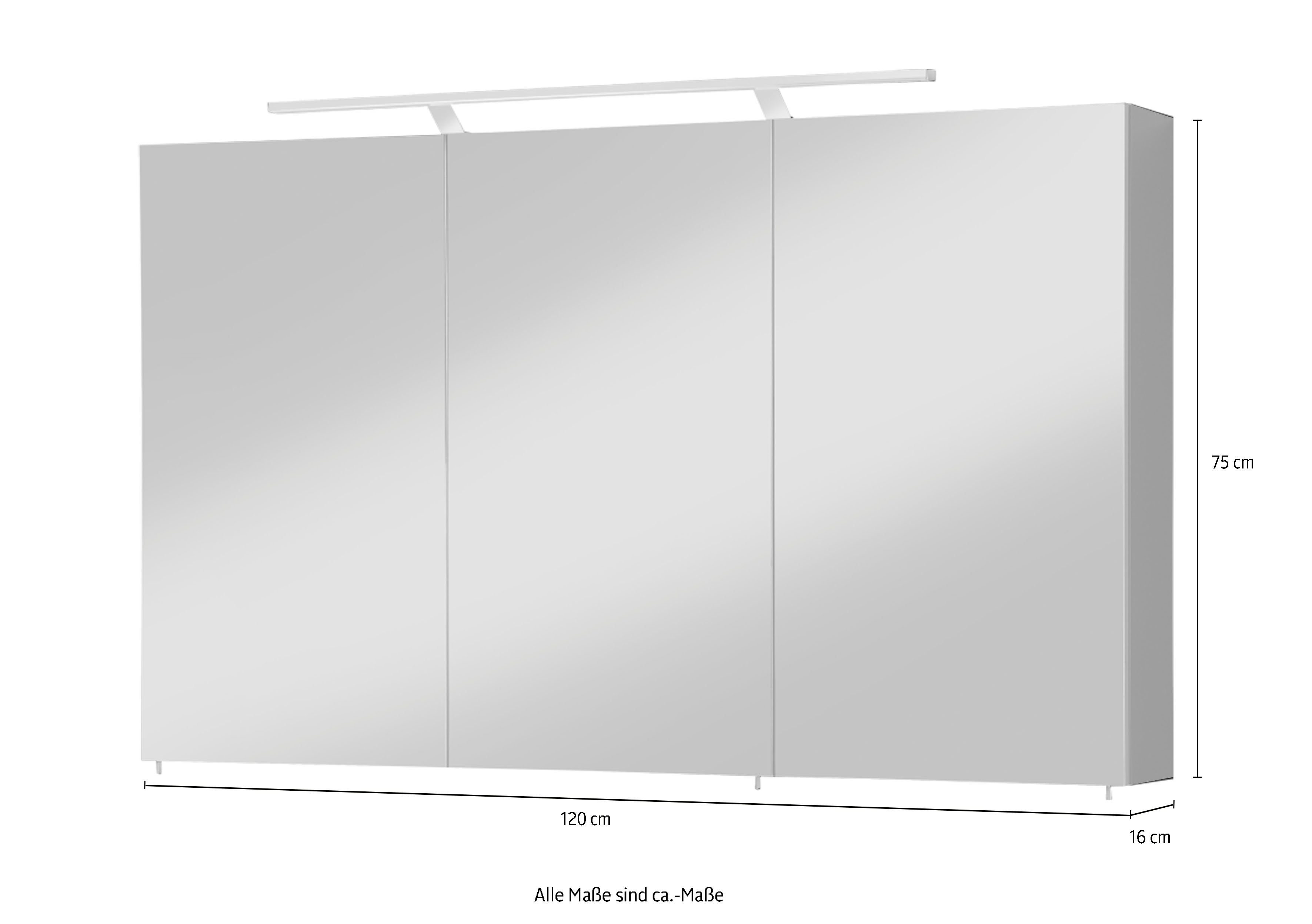 kreideweiß Schalter-/Steckdosenbox Breite 120 cm, | LED-Beleuchtung, Torino 3-türig, Spiegelschrank welltime kreideweiß
