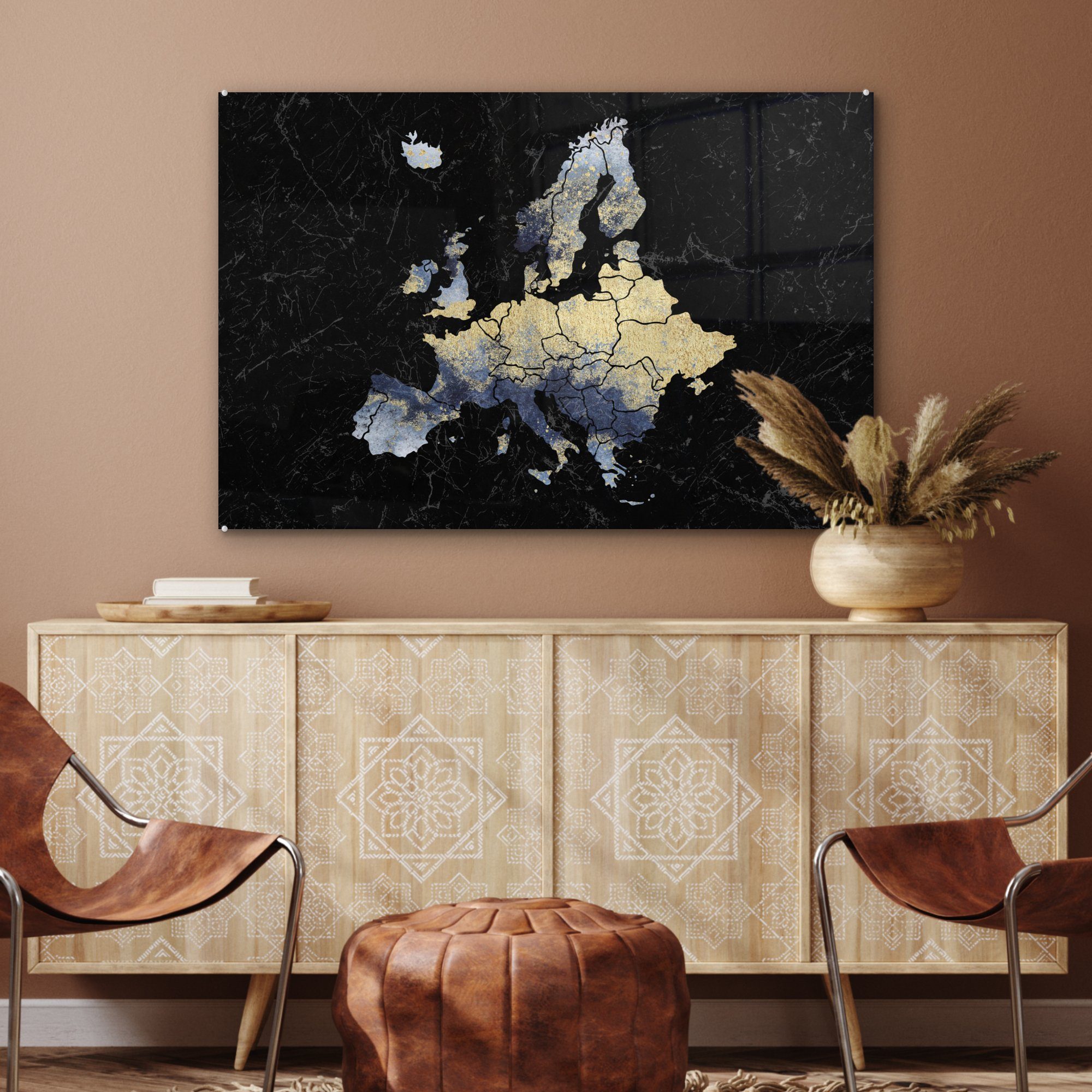 MuchoWow Acrylglasbild Karte - (1 Wohnzimmer Schlafzimmer St), Acrylglasbilder Europa & Blau, Delfter 