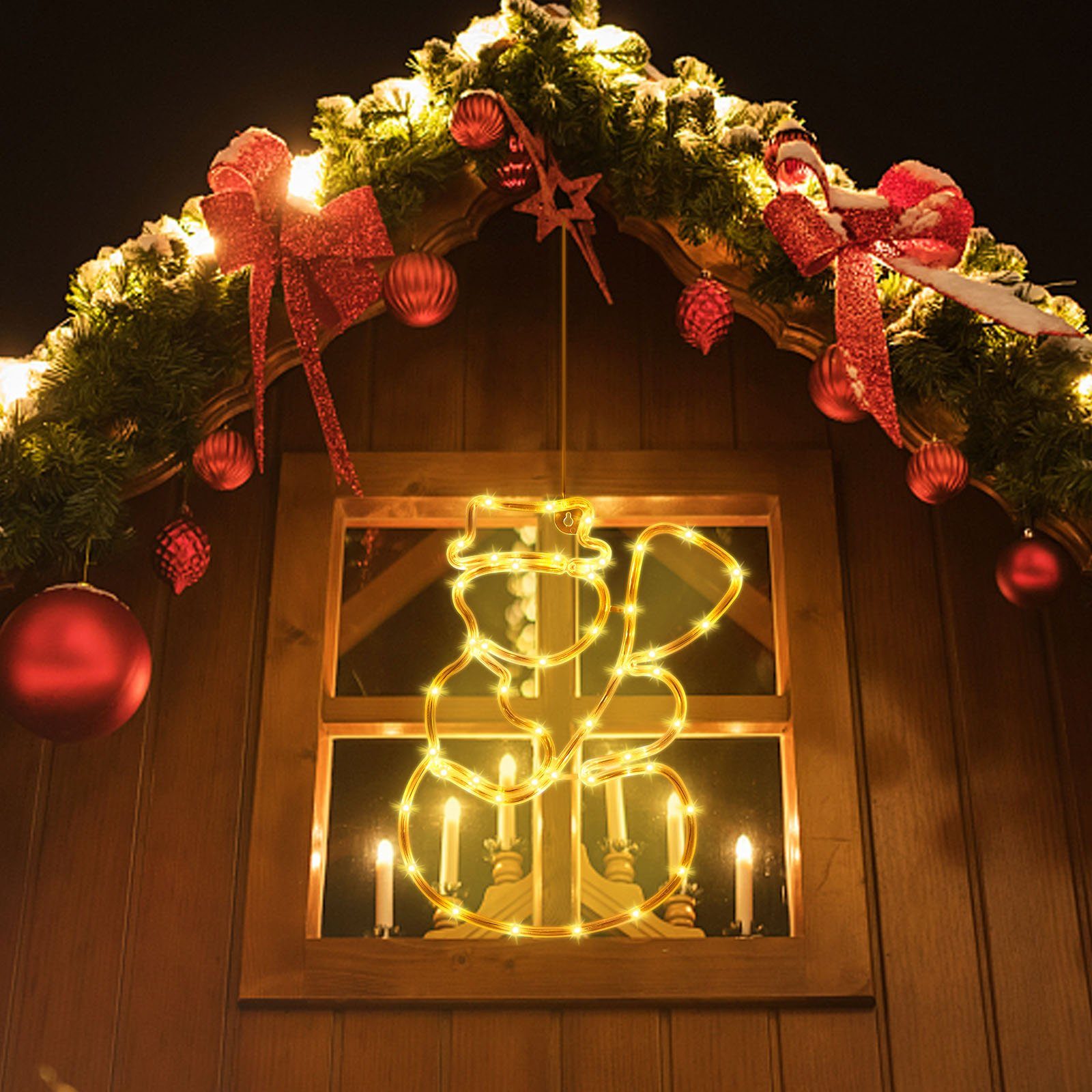 Rosnek Beleuchtetes Fensterbild Doppelseitig, 8 modi, Wasserdicht, für Weihnachten Wand Fenster, mit Haken; Fenster Silhouette Lichter; Glas Deko