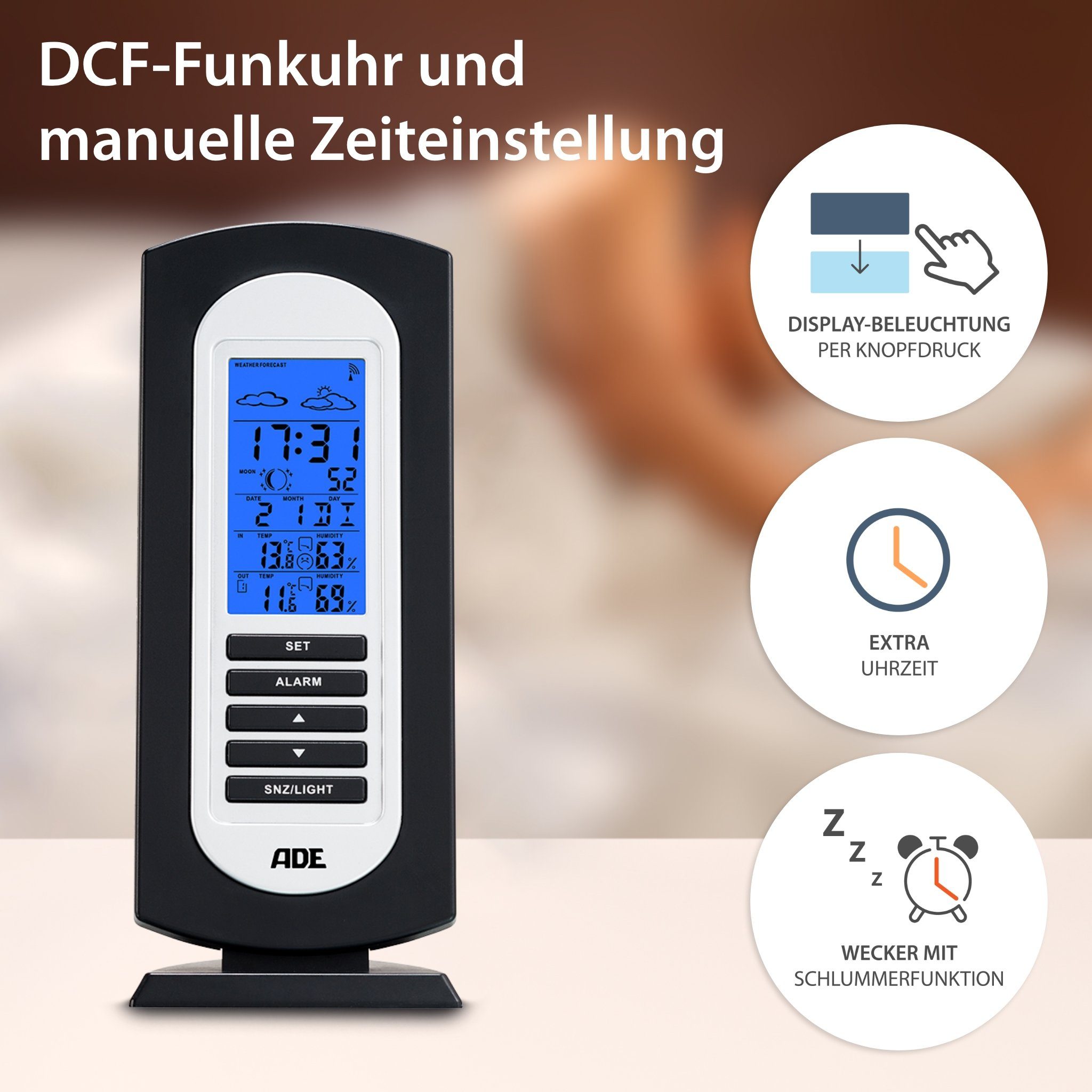 Funk Funkwetterstation (mit Uhrzeit, Temperatur, Außensensor, Vorhersage Wetterstation Luftfeuchtigkeit, Wettervorhersage) ADE mit Außensensor, mit