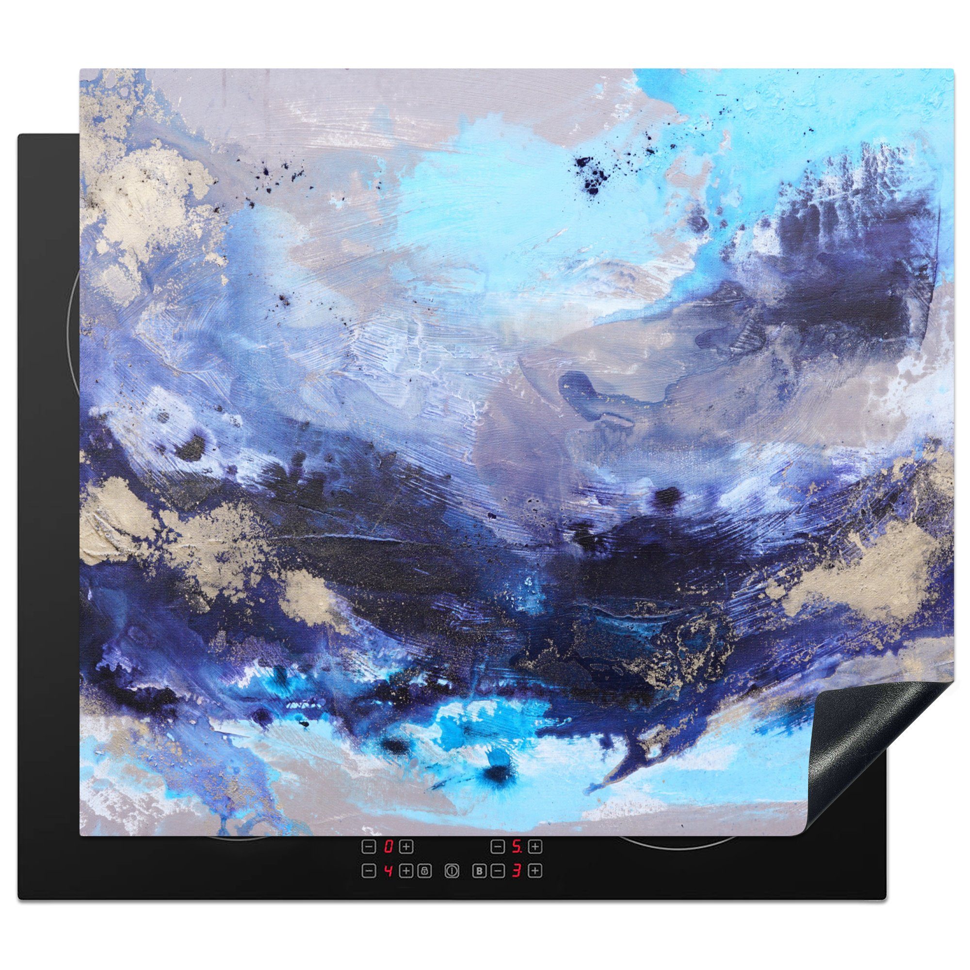 MuchoWow Herdblende-/Abdeckplatte Blau - Grau - Kunst - Abstrakt - Farbe, Vinyl, (1 tlg), 60x52 cm, Mobile Arbeitsfläche nutzbar, Ceranfeldabdeckung