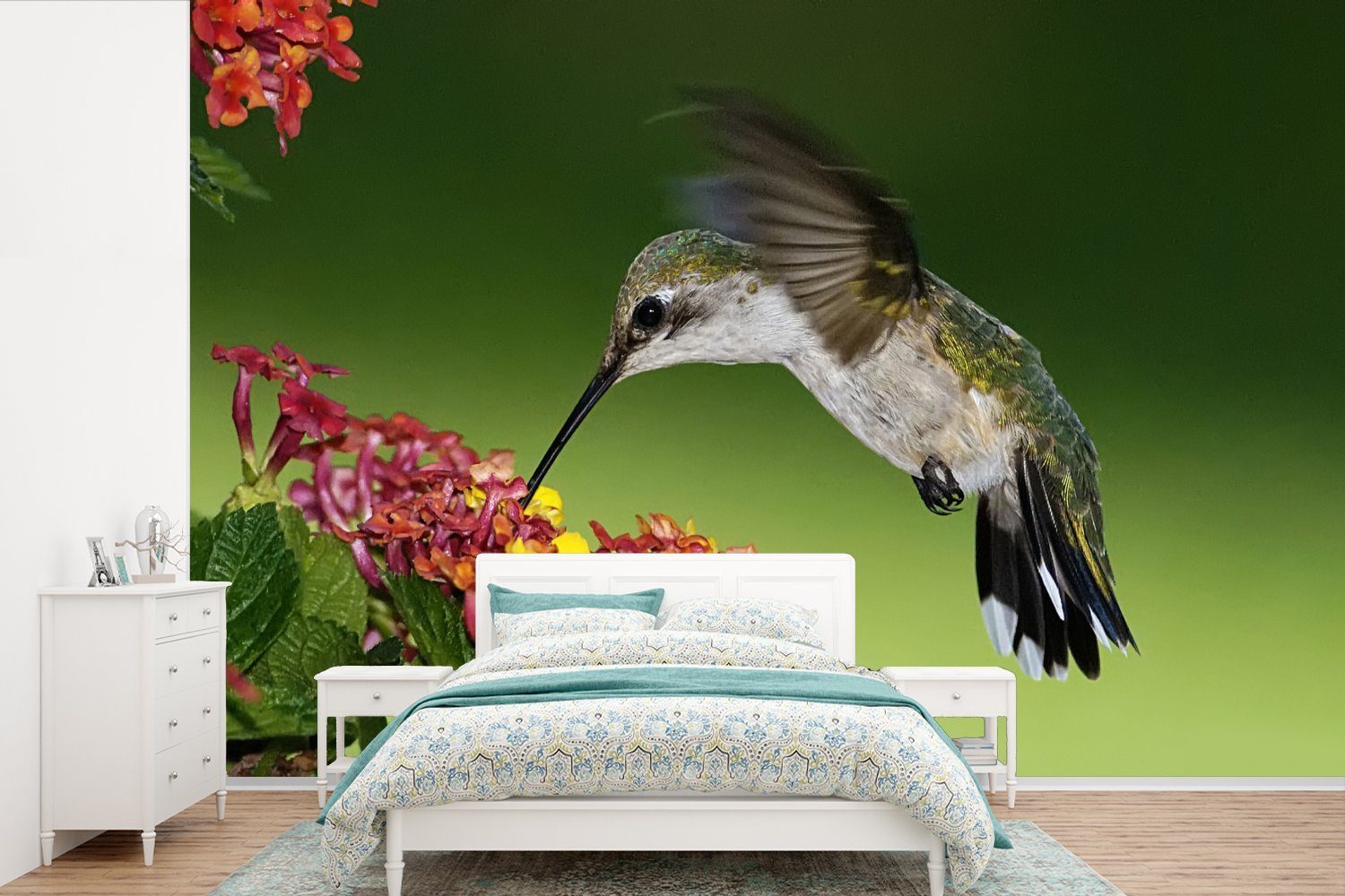 MuchoWow Fototapete Kolibri - Blume - Vogel, Matt, bedruckt, (6 St), Wallpaper für Wohnzimmer, Schlafzimmer, Kinderzimmer, Vinyl Tapete