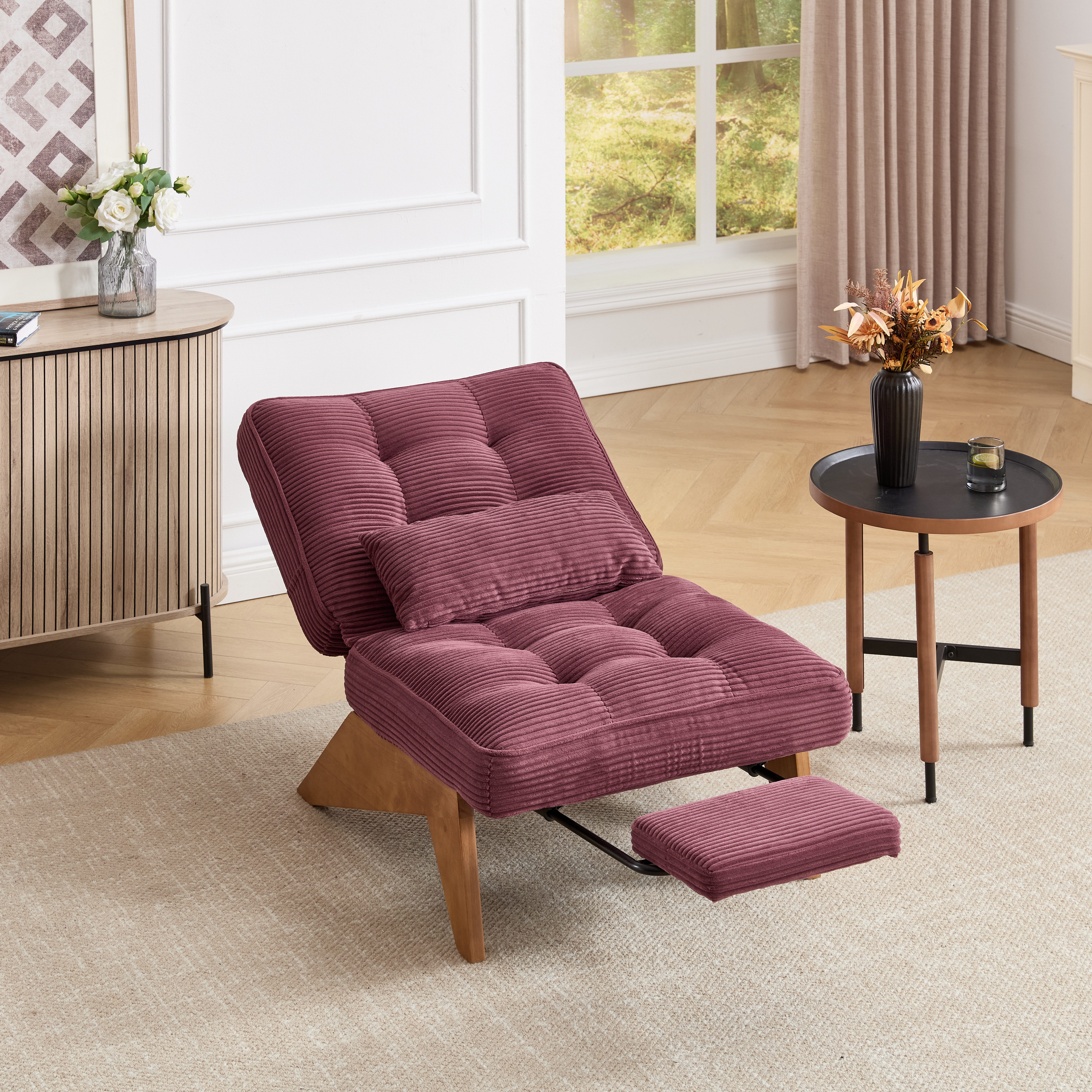 MODFU Loungesessel Relaxsessel aus Kord (Polsterstuhl mit Holzbeinen & Lendenkissen, verstellbare Rückenlehne), mit Lendenkissen und Holzbeinen