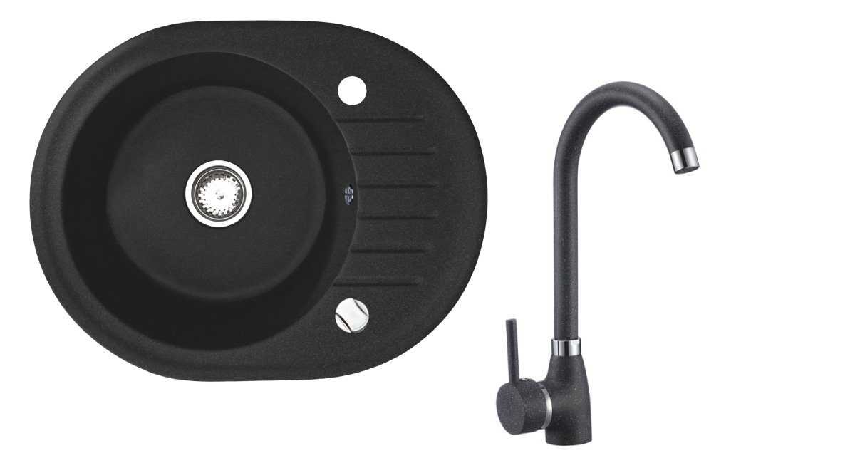 manestein Granitspüle Cari Granit Küchenspüle mit Schwarz Armatur und Siphon 60x47cm, Rund, 60/16 cm, mit Abtropffläche