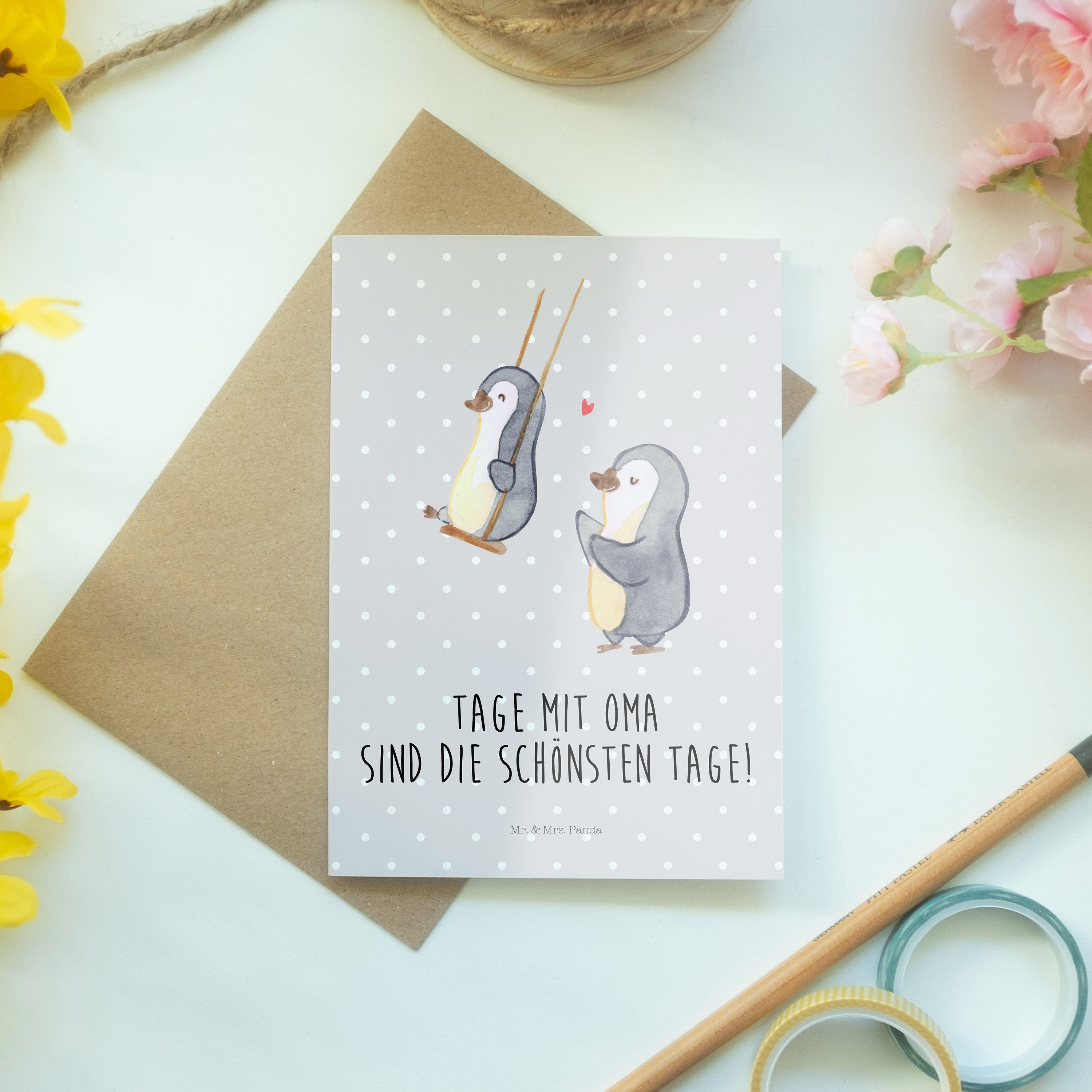 Kl - - schaukeln Grußkarte Panda Pinguin Grau Pastell & Oma Mrs. Mr. Glückwunschkarte, Geschenk,