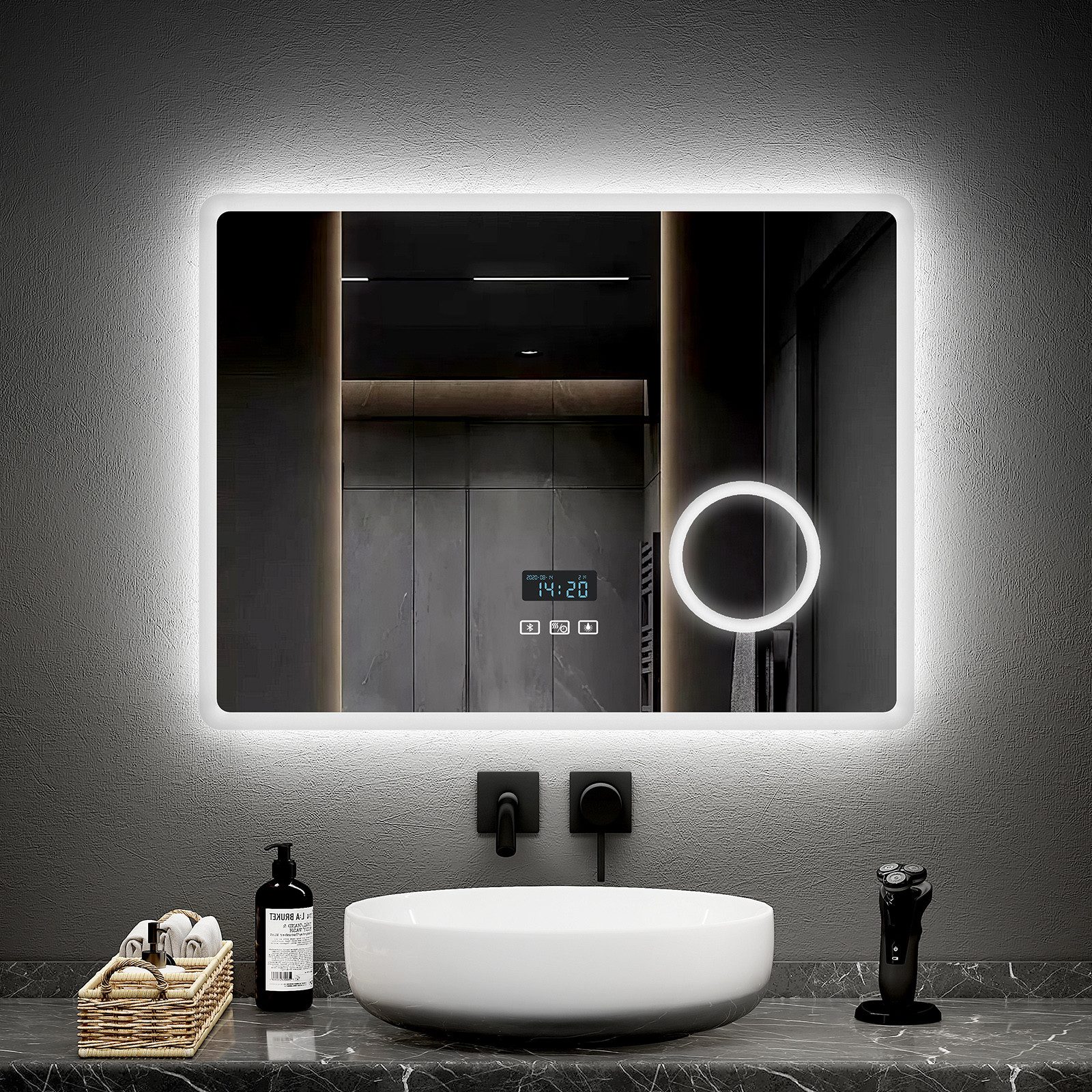 EMKE Badspiegel LED-Beleuchtung wandspiegel mit Kosmetikspiegel, Antibeschlag, dimmbar (Breite: 80~100cm, Touchschalter), Beschlagfrei, Uhr, Bluetooth, 3 Lichtfarben, Dimmbar, IP44