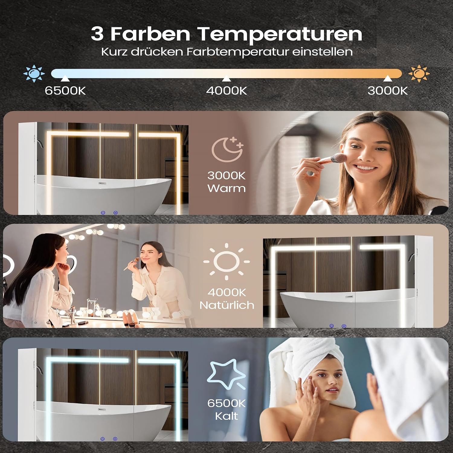 Luxstein Spiegelschrank Bad mit Beleuchtung und Steckdose, Verstellbares Regal, Entfogging-Funktion, Wandmontage – Bild 4 von 5