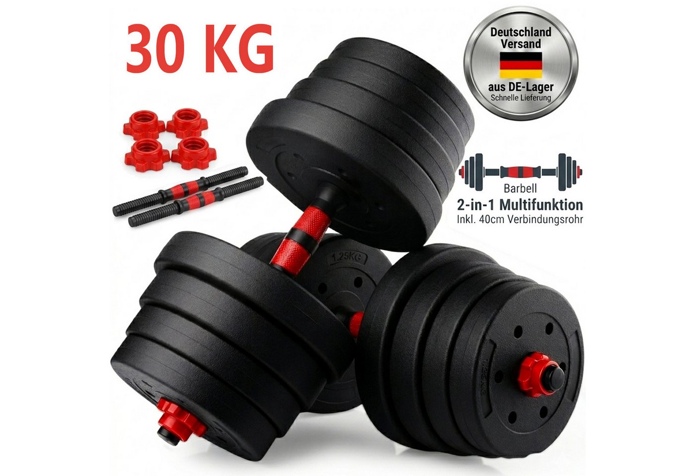 kehot Hantel-Set 30kg Hantelset aus PVC mit Zementfüllung - Kurz- & Langhantel, (2-in-1 Kurzhantel & Langhantel mit Verbindung für Langhantel, Ideal für Intensives Arm-, Brust- & Ganzkörpertraining Daheim), Robustes PVC, Sicherer Halt durch Muttern, Platz