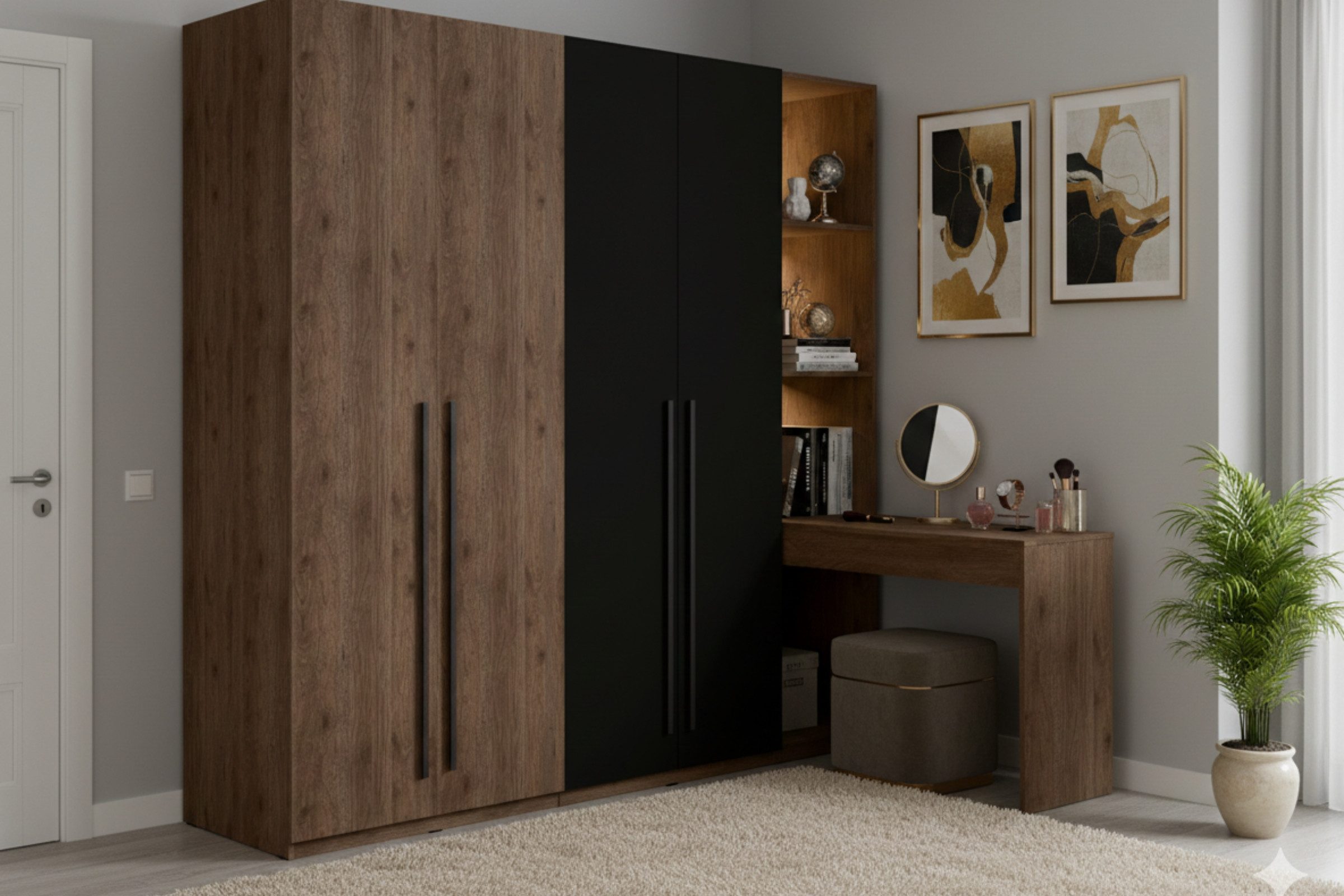 Deine Möbel 24 Kleiderschrank VASSA 180 cm mit Schminktisch und Regal in Nussbaum / Schwarz (Set, 1-St., Schlafzimmer-Schrank, großer Drehtürenschrank) mit LED-Beleuchtung, 2 Kleiderstangen und 4 Regalböden