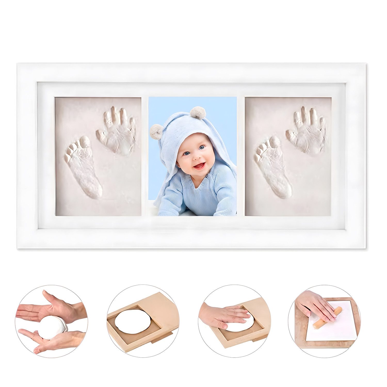 AIMAX Bilderrahmen zum Basteln Baby Handabdruck und Fußabdruck Set – Gipsabdruck Baby Hand und Fuß , für 3 Bilder (Abdruckset Baby Personalisierte Erinnerung & Geschenke für Neugeborene, 1 St), Geburt, Taufe, Baby-Part uvm, Collagerahmen Baby Bilderrahmen
