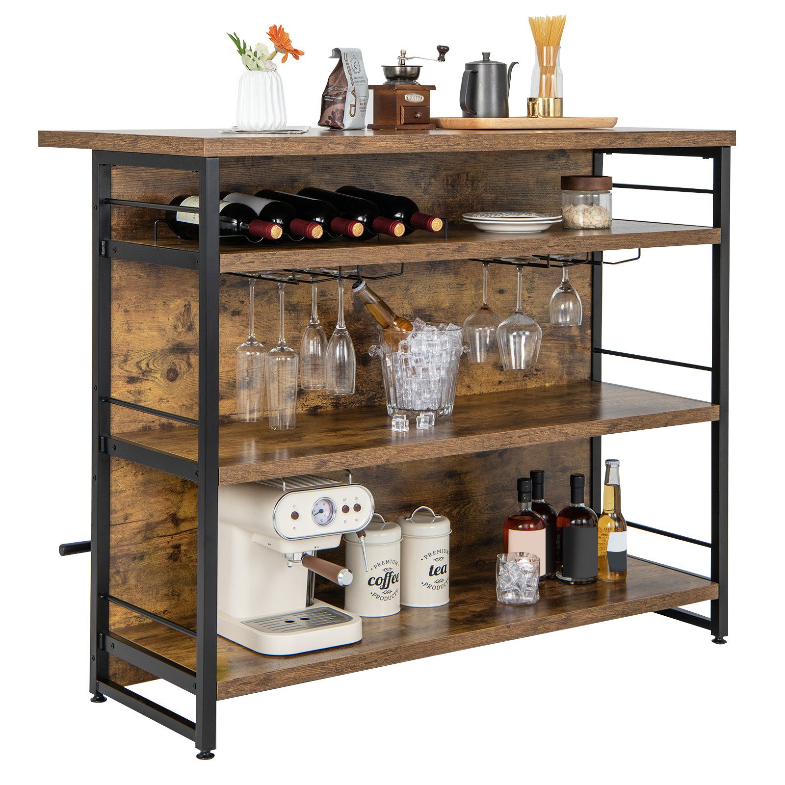 COSTWAY Bartisch, Küchenregal mit Weinregal & Gläserhalter, 120x60x101cm günstig online kaufen