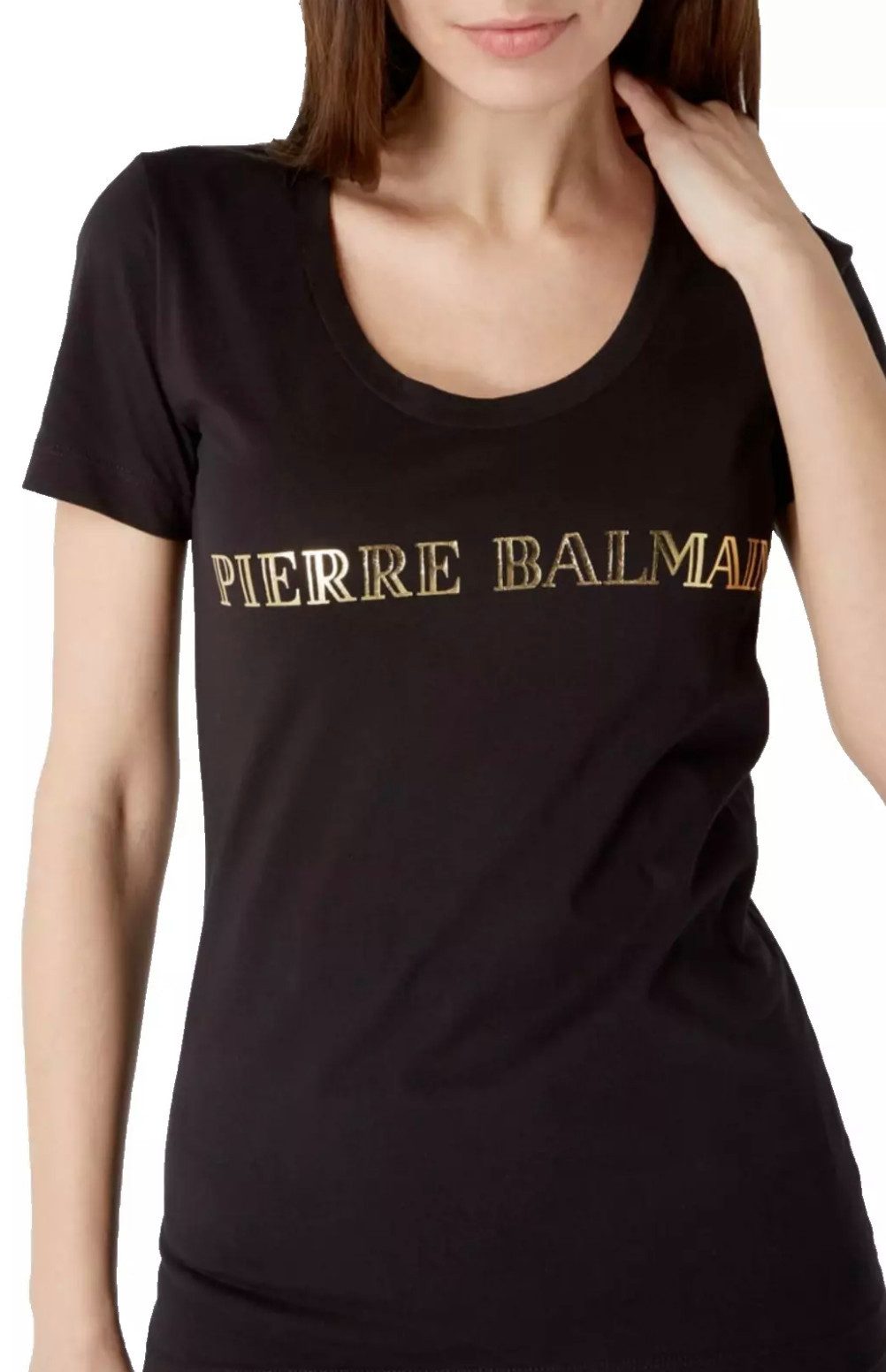 Balmain Paris T-Shirt Damen Pierre Balmain mit ikonischem Logo-Print Taillierter Schnitt, schmaler Passform, Goldfarbener Logo-Print