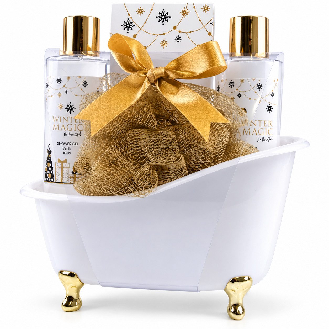 ACCENTRA Pflege-Set WINTER MAGIC in Badewanne Duschgel Bodylotion Badesalz Netzschwamm Set, 4-tlg., Duft: Vanilla Musk, Frei von Tierversuchen