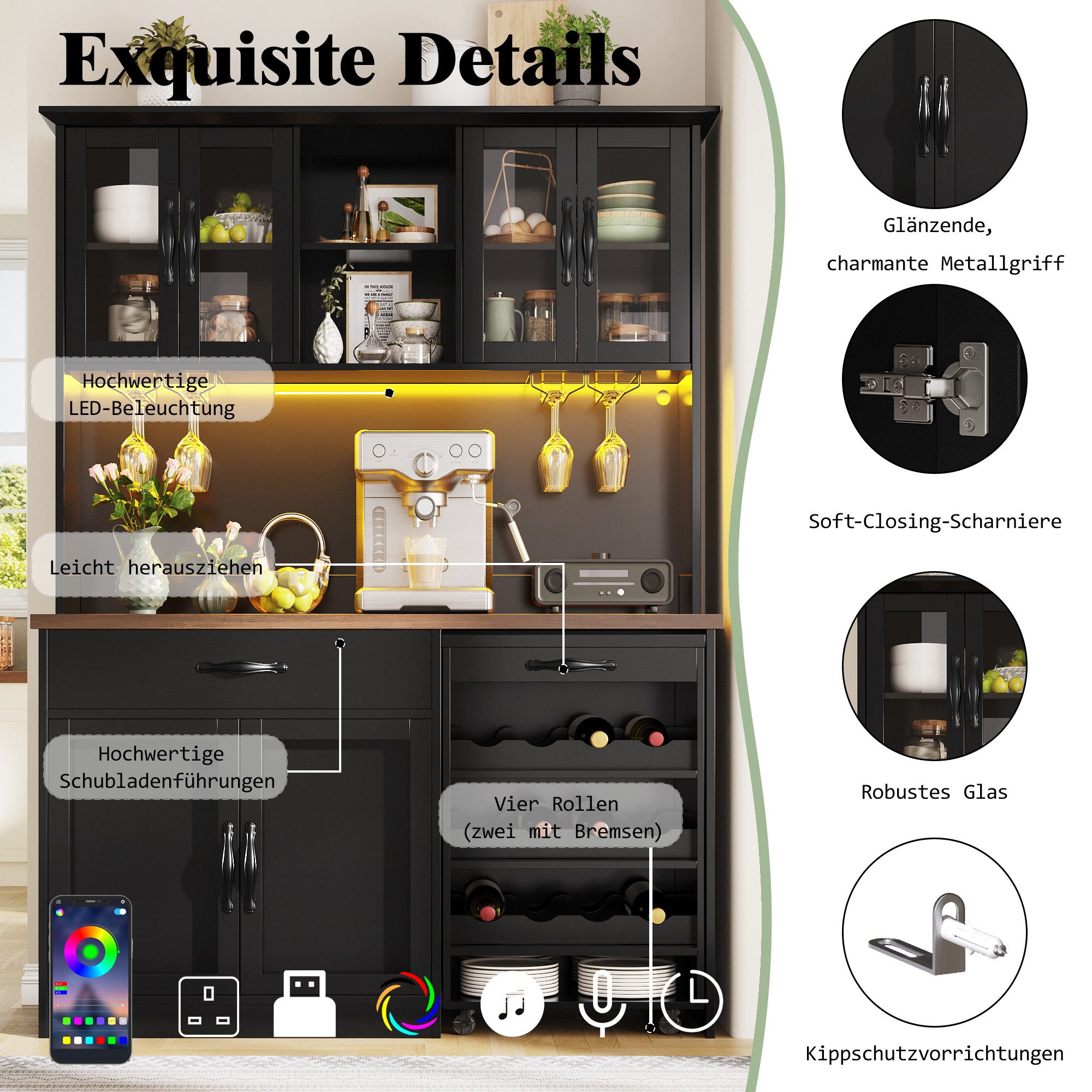 Odikalo Küchenbuffet Küchenschrank mit LED Rollwagen & Weinregal (mit Weinglasregal & Weinregal, Beleuchteter Sideboard Schrank für Wohnzimmer, Esszimmer) 140*3 – Bild 5 von 5