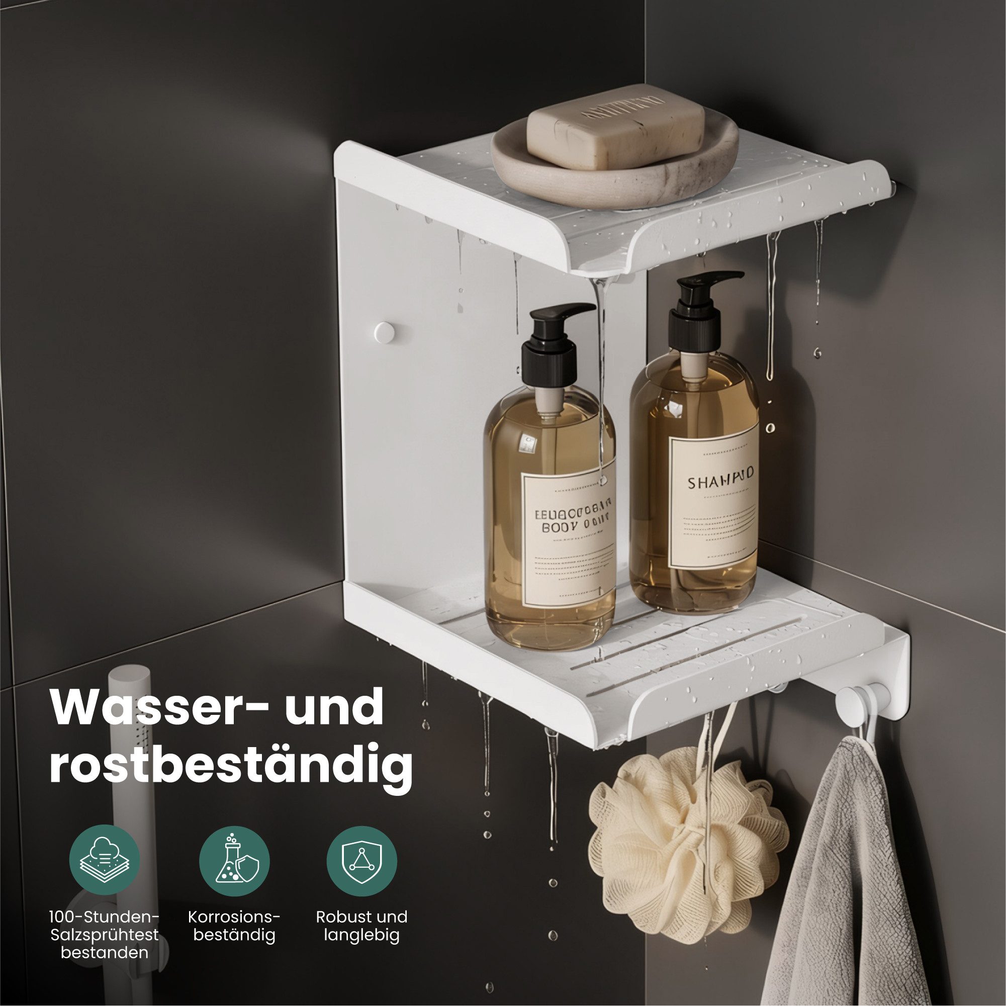 Mai & Mai Duschablage Duschregal 2-stöckig mit 3 Haken Wandmontage 22 x 22 x 33,1cm Reglo-14, Platzsparendes 2-stufiges Eckdesign,mit 3 integrierten Haken – Bild 5 von 5