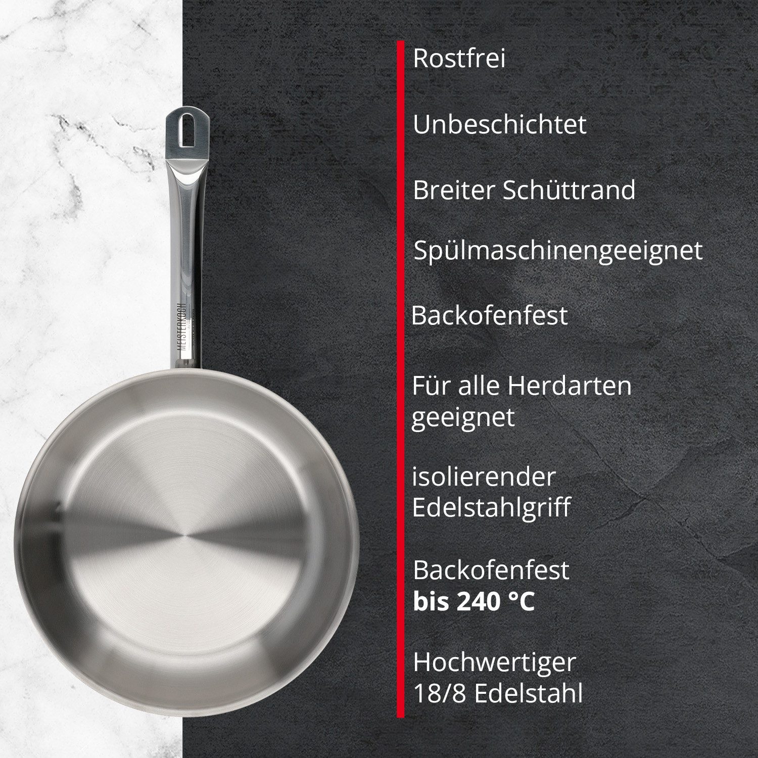 Meisterkoch Bratpfanne, Edelstahl, 3,5 Liter Volumen, für alle Herdarten inklusive Induktion