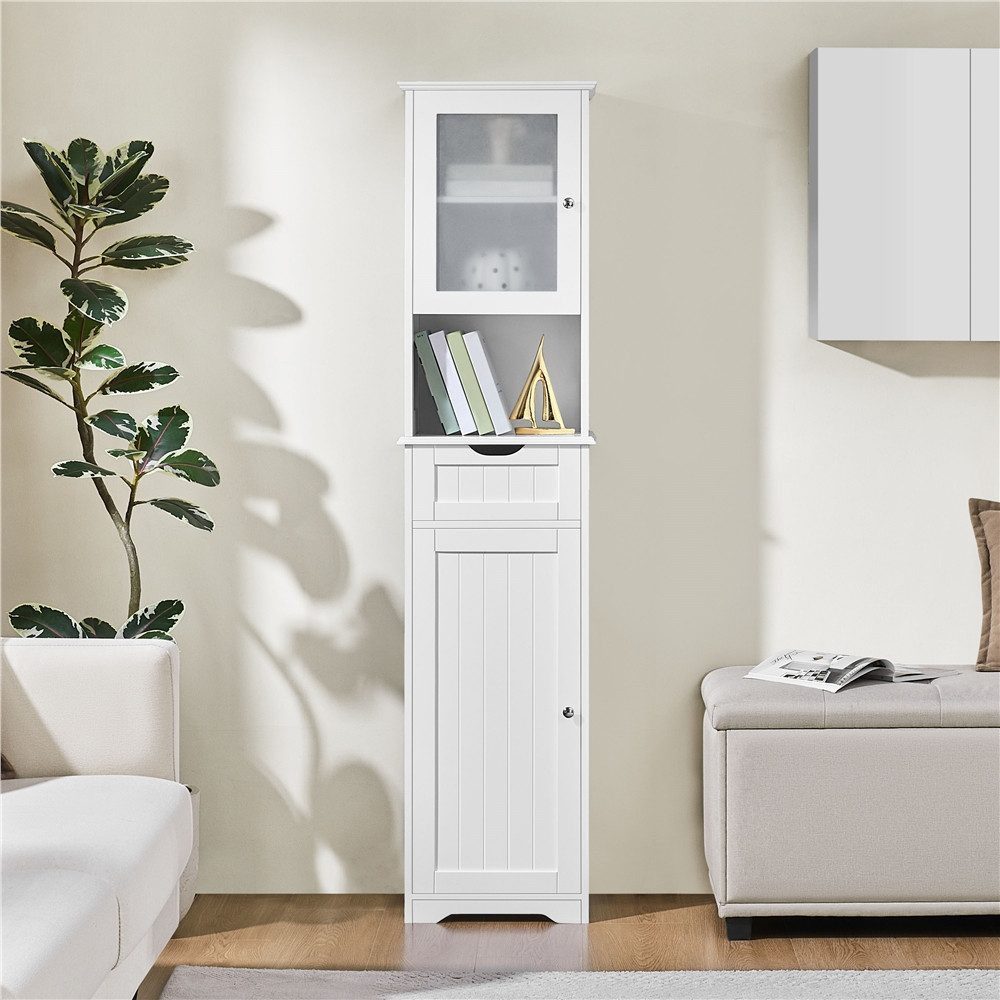 Yaheetech Hochschrank mit Glastür & Schublade & Schrank 40 x 30 x 170 cm Badezimmerschrank Küchenschrank, 2 Einlegeböden höhenverstellbar – Bild 3 von 5