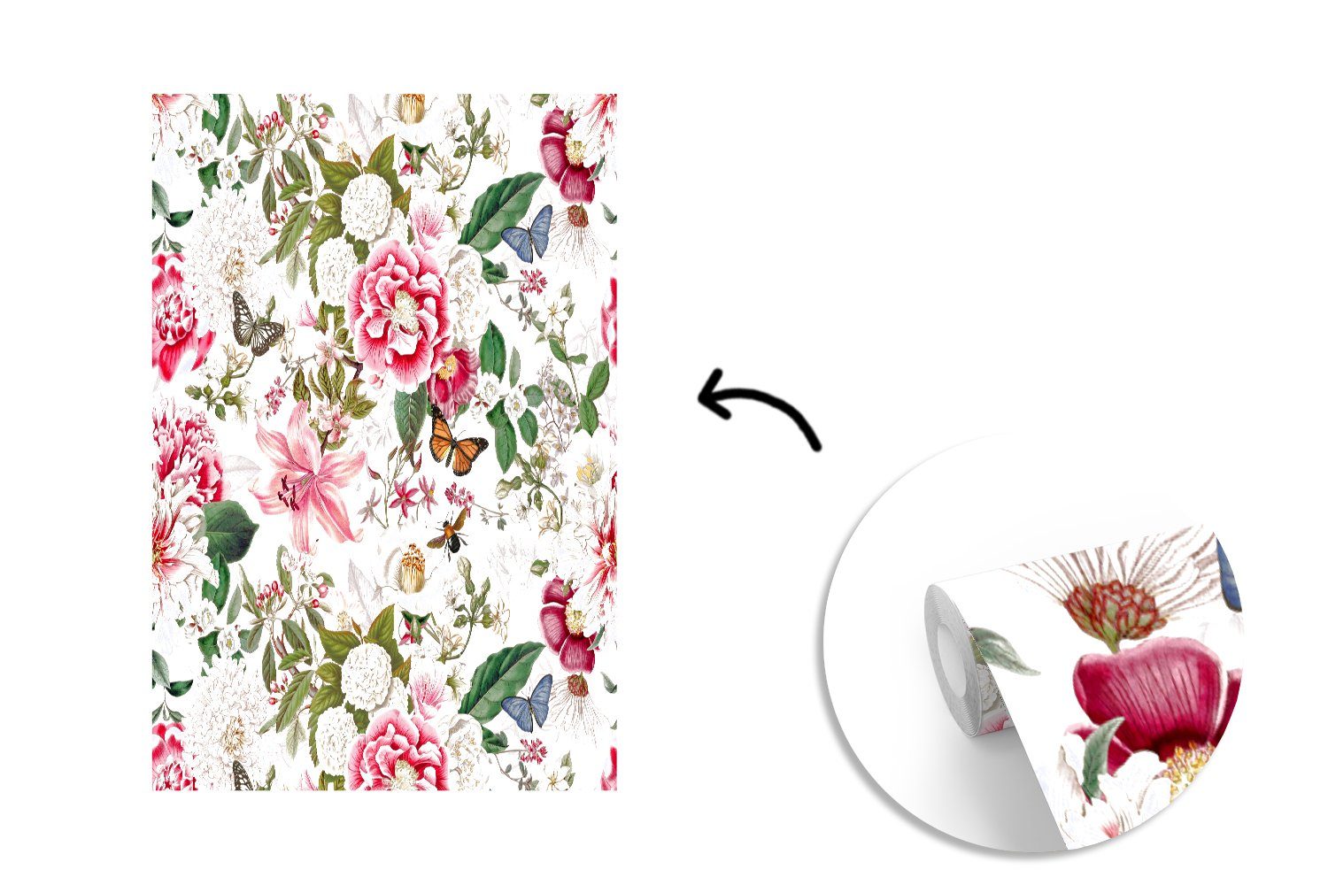 MuchoWow Fototapete Blumen für Matt, Wohnzimmer, Montagefertig Vinyl - (3 bedruckt, St), Schmetterlinge Wandtapete Hortensie, Tapete 