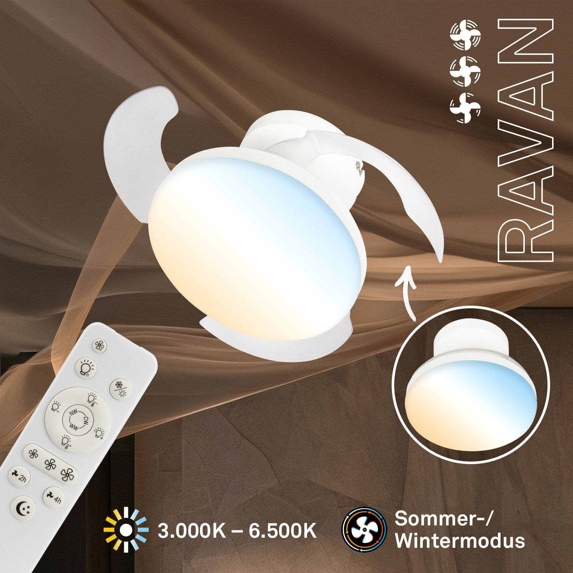 Briloner Leuchten LED Deckenleuchte mit Ventilator dimmbar CCT Deckenventilator mit Licht Schlafzimmer, LED fest integriert, CCT, 3000-6500K, 78x26 cm, Schlafzimmer, Wohnzimmer, Esszimmer, Flur, Küche