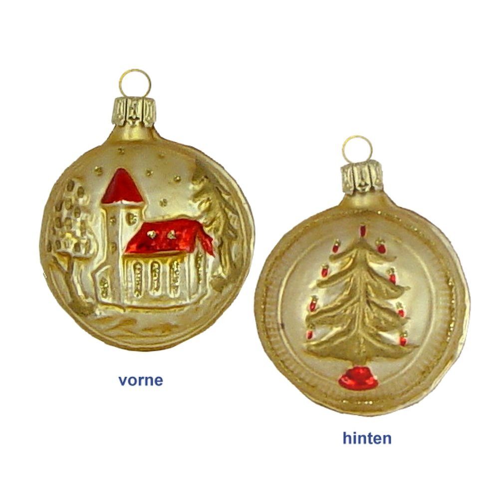 Haberland Glasschmuck Lauscha Christbaumschmuck Kleiner Taler mit Kirche messinggold 5cm Lauschaer Glas