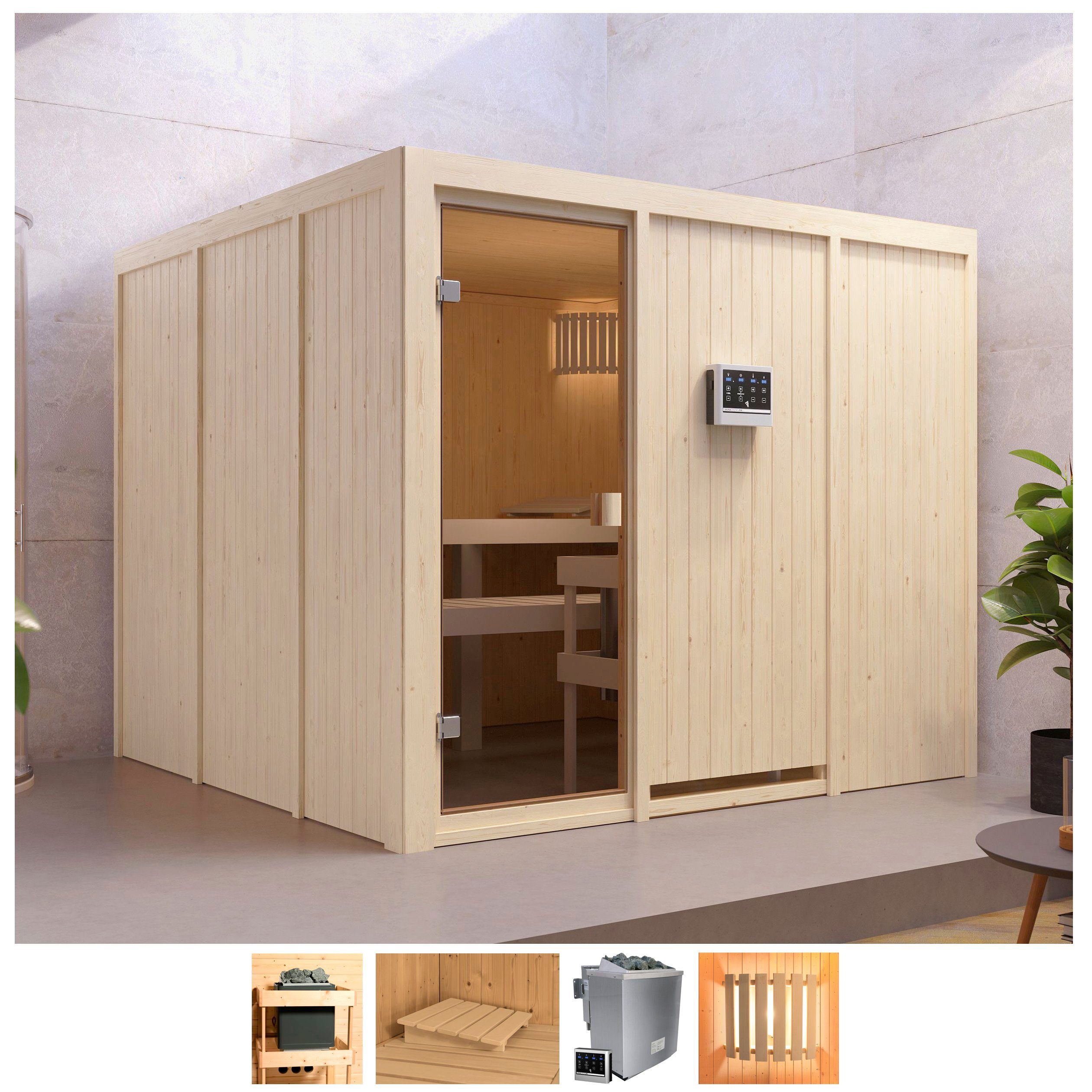 welltime Sauna Ferun, BxTxH: 231 x 231 x 198 cm, 68 mm, 9-kW-Bio-Ofen mit ext. Steuerung