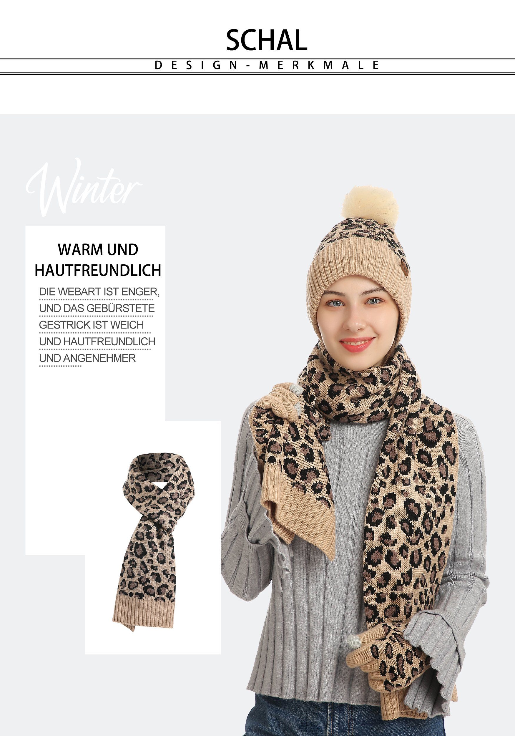 MAGICSHE Mütze & Set Leopardenmuster Schal Gelb Handschuhe Schal