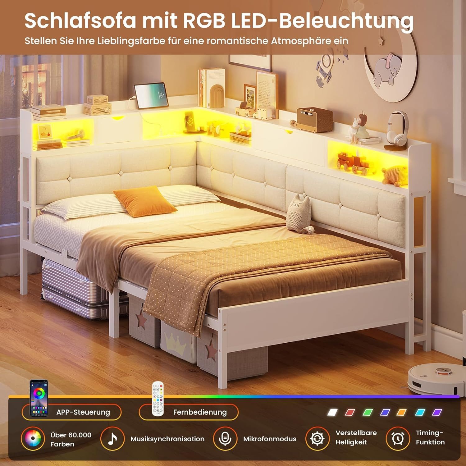 MSMASK Daybett Polsterbett Jugendbett mit LED-Beleuchtung und USB-Ladestation, Bettgestell mit Lattenrost aus Metall, 90 x 200 cm