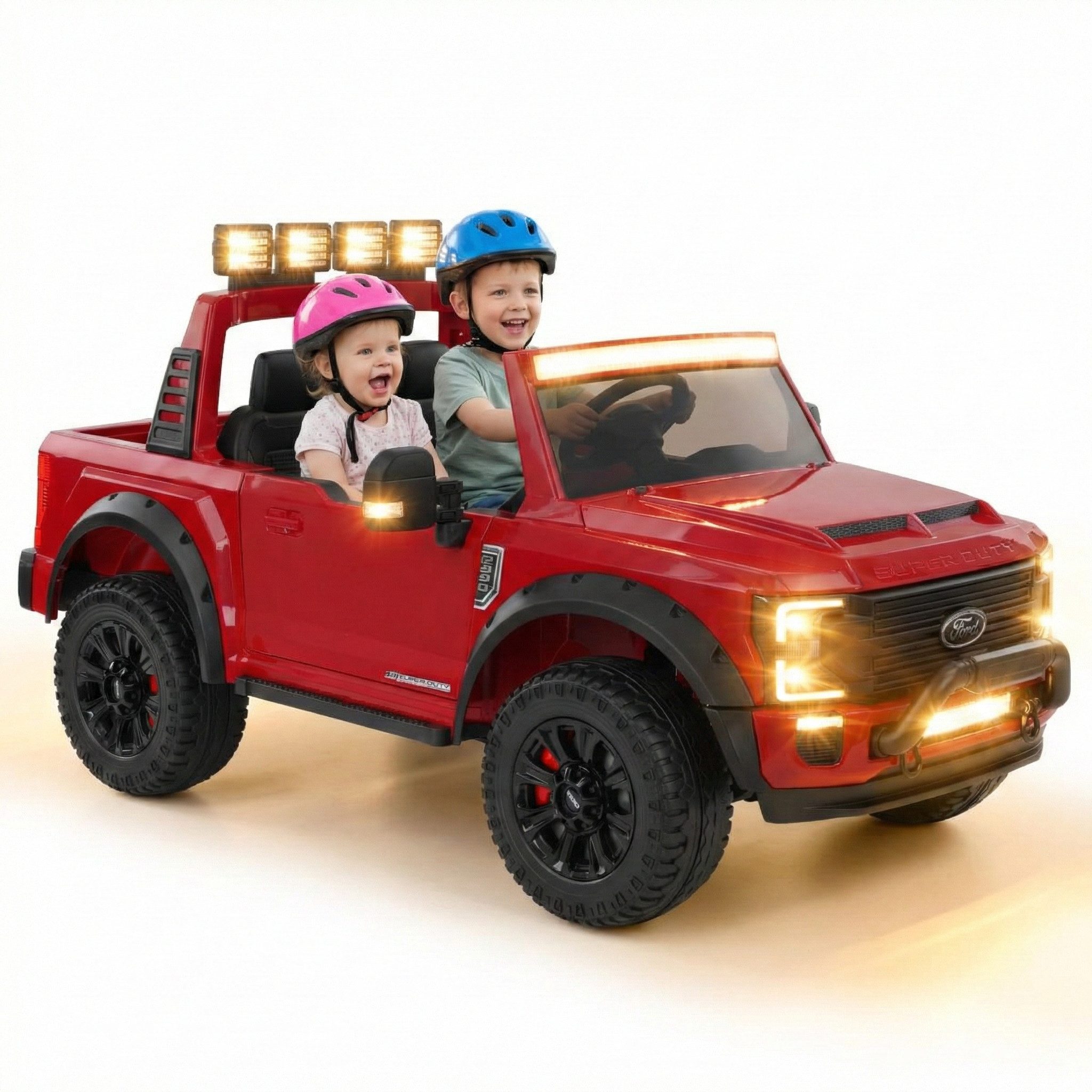 Hecht Elektro-Kinderauto Ford F450 Rot Kinderfahrzeug bis 6 km/h mit Fernbedienung Radio, Belastbarkeit 60 kg, Hupe,LED Scheinwerfer, Allradantrieb, 3 Gänge, 14Ah 12V