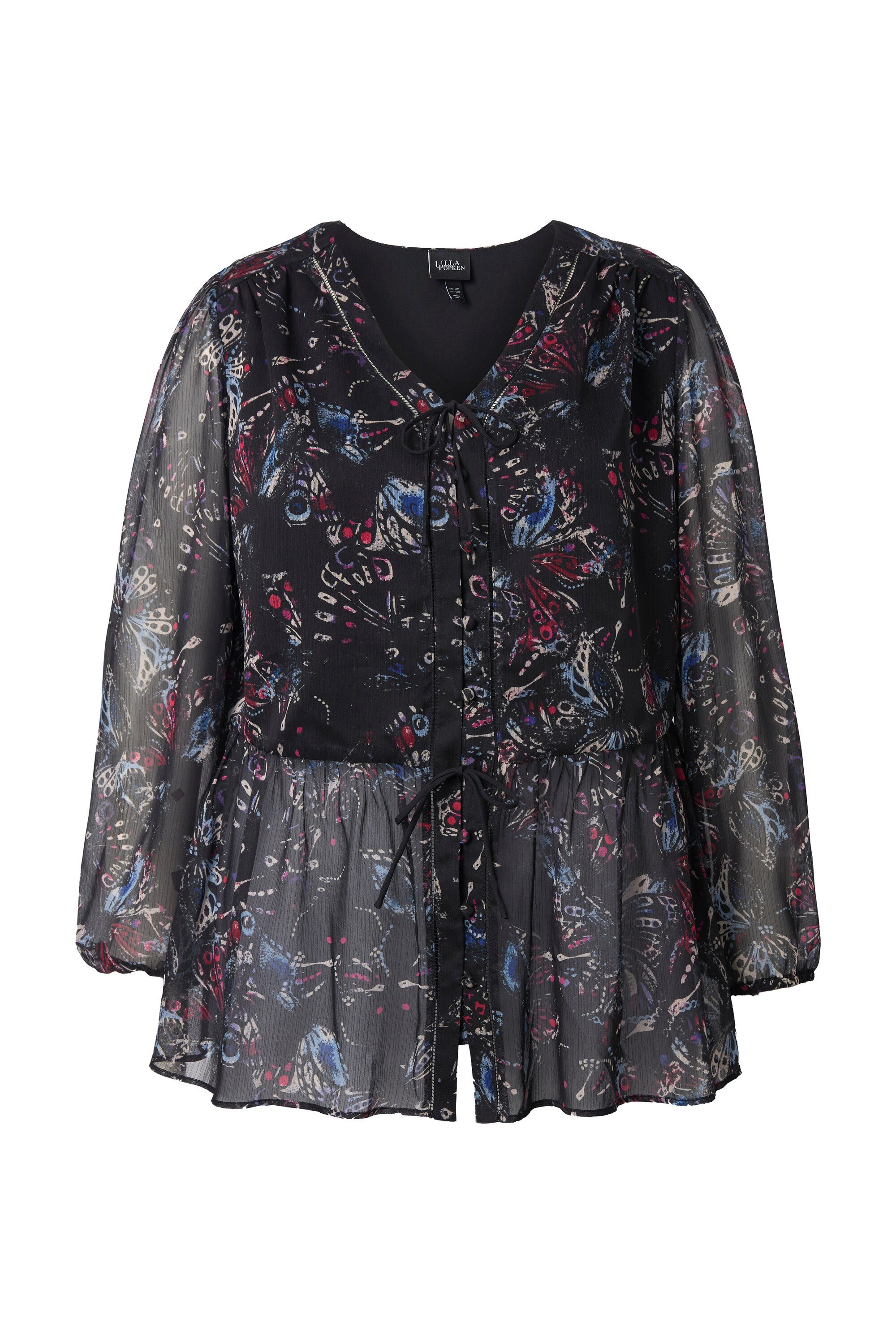 Satinbluse Bluse Schmetterlinge A-Linie V-Ausschnitt Langarm