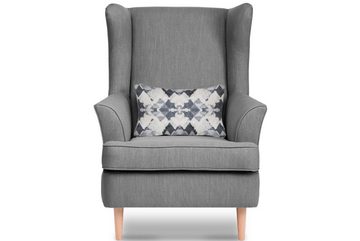 Konsimo Ohrensessel STRALIS Sessel mit Hocker, zeitloses Design, hohe Füße, inklusive dekorativem Kissen