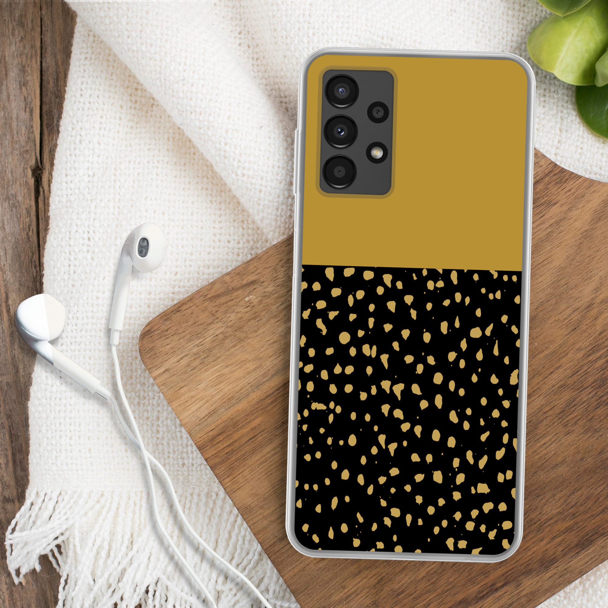 MuchoWow Handyhülle für Samsung Galaxy A13 4G Polka dots - Ockergelb - Schwarz, Smartphone-Bumper, Print, Handy Schutzhülle Dünn