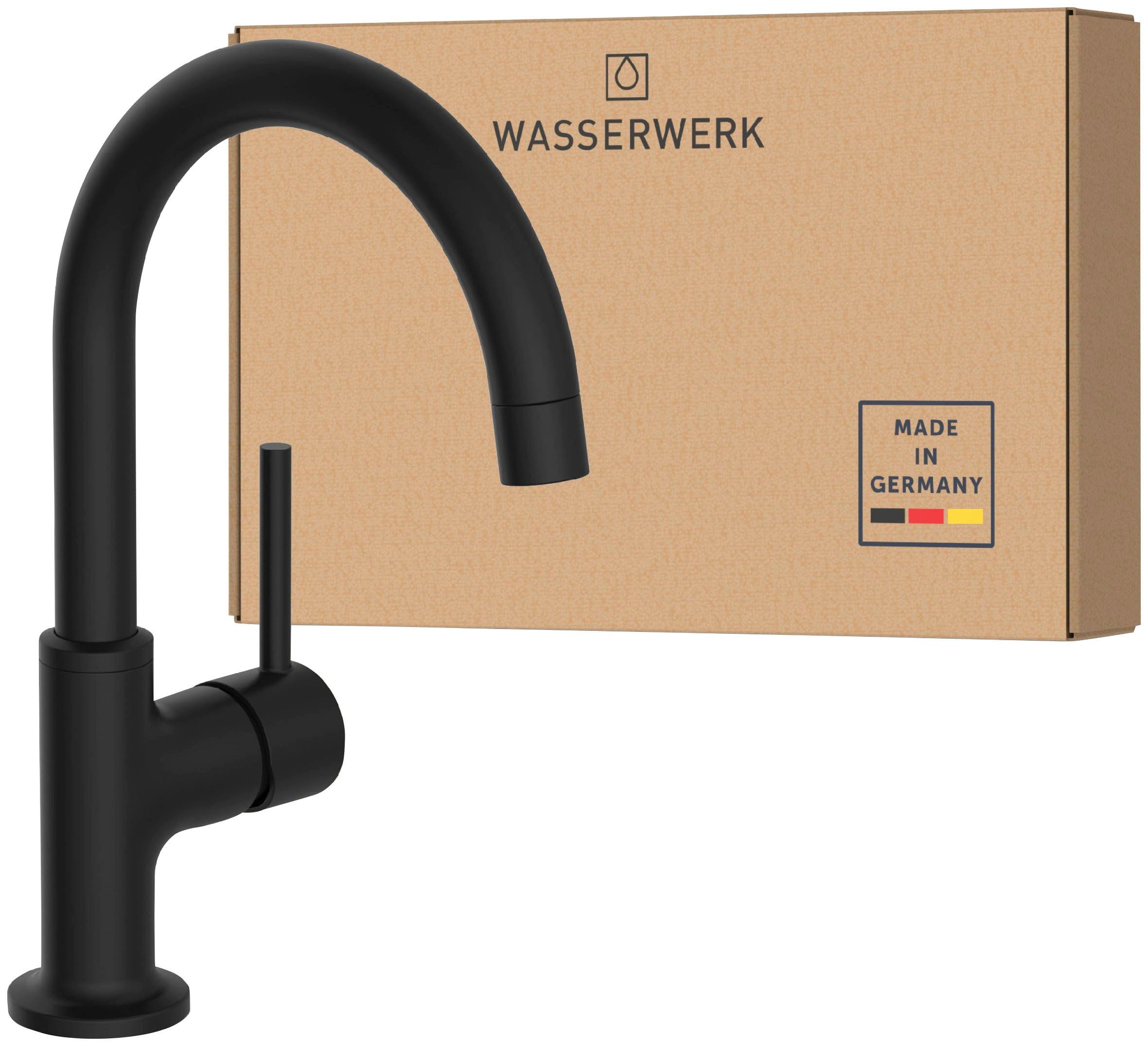 WASSERWERK Waschtischarmatur schwenkbar, WT matt Popup, wassersparend 360° Schwarz inkl. geräuscharm, 14