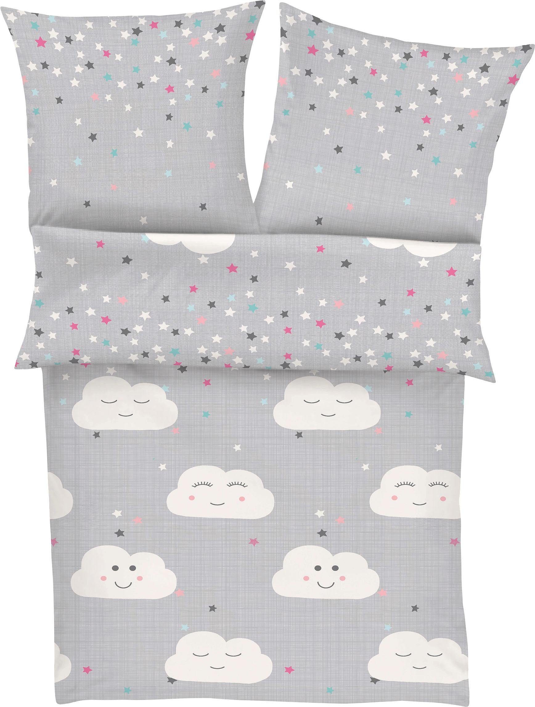 s.Oliver Kinderbettwäsche Clouds mit Wolken und Sternen, Satin, 2 teilig, Markenbettwäsche aus 100% Baumwolle mit Reißverschluss