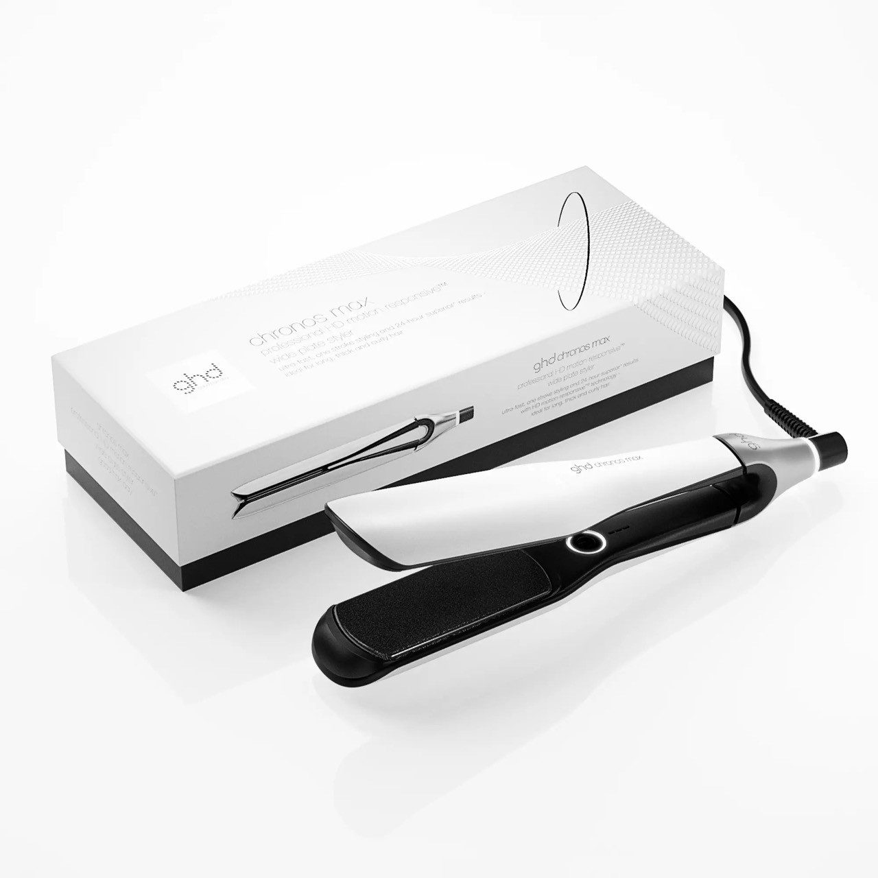 GHD Выпрямитель для волос GHD Chronos Max Выпрямитель для волос mit breiten Platten weiß Keramik, Universelle Spannung für weltweiten Einsatz
