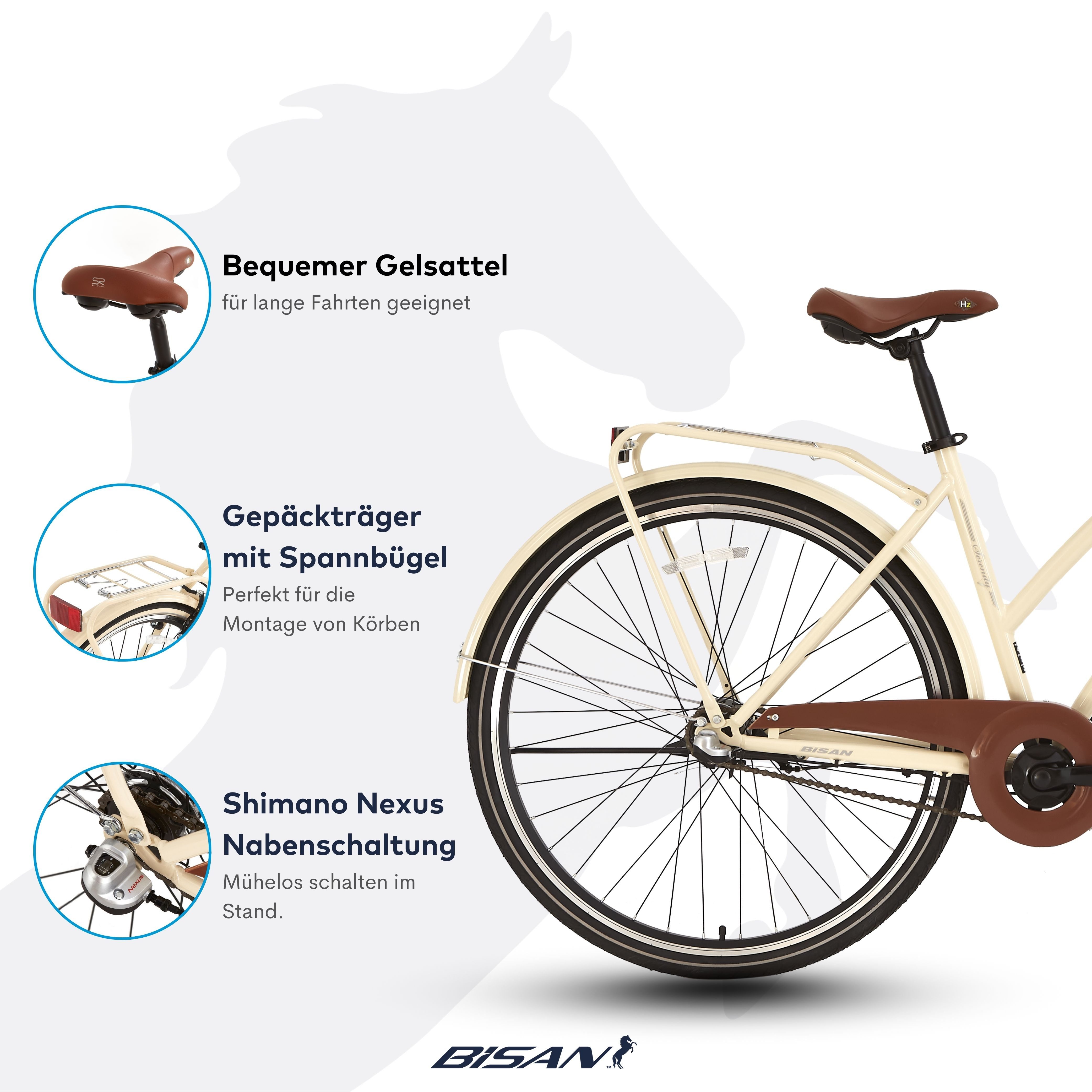 Bisan City Bike SERENITY 28-inch Designer Women's Bicycle, suitable for ages 12 and up, with click basket, 3-speed Shimano Nexus derailleur, internal hub gears, and removable handlebar basket