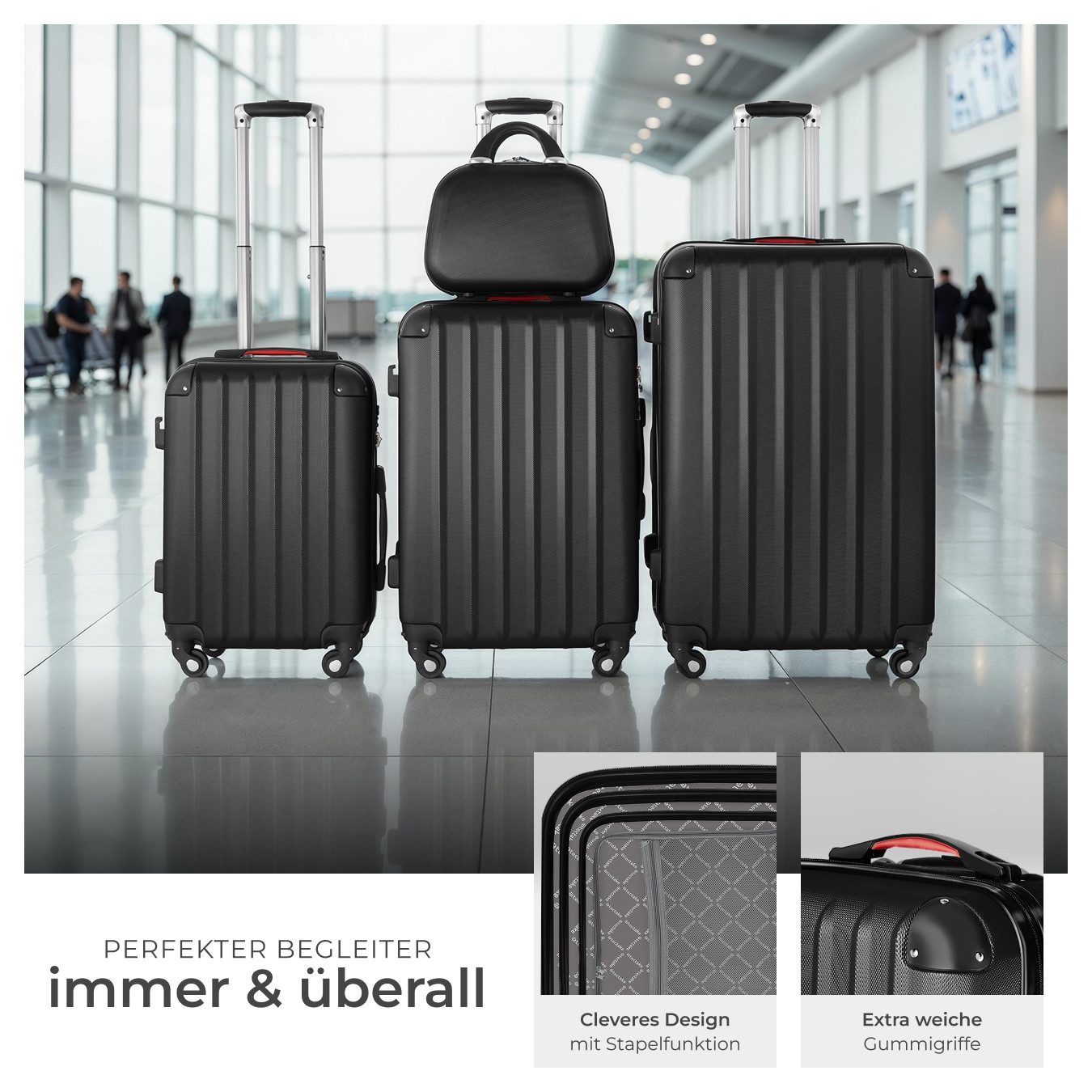 tectake Trolley Reisekoffer-Set aus robustem ABS-Kunststoff, mit Zahlenschloss, 4 Rollen, 3 Trolleys und Beauty-Case, mit Teleskopgriff, abnehmbare Rollen