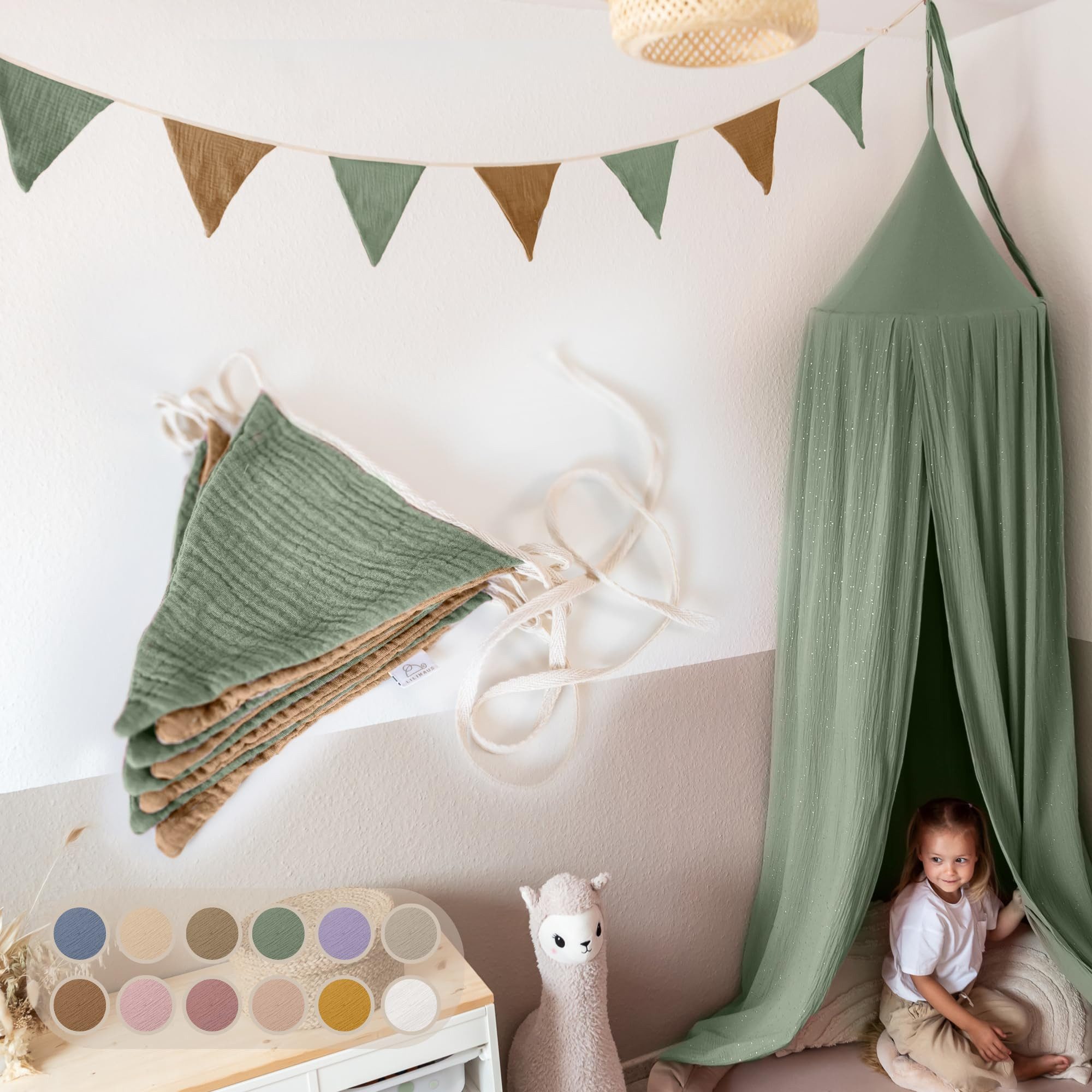 lilimaus Wimpelkette Handgemachte Wimpelkette für Kinderzimmer aus Musselin Baumwolle, Stilvolle Girlande aus Baumwolle - Perfekt für Kinderzimmer Deko
