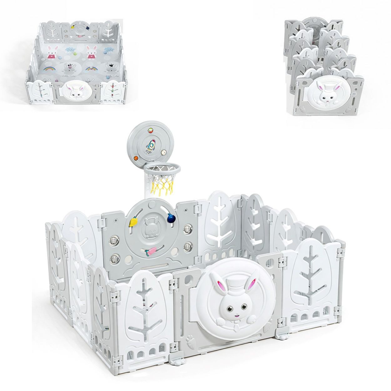 Cangaroo Laufstall Laufstall white Rabbit 160x115, Basketballkorb 50 Bälle Matte klappbar