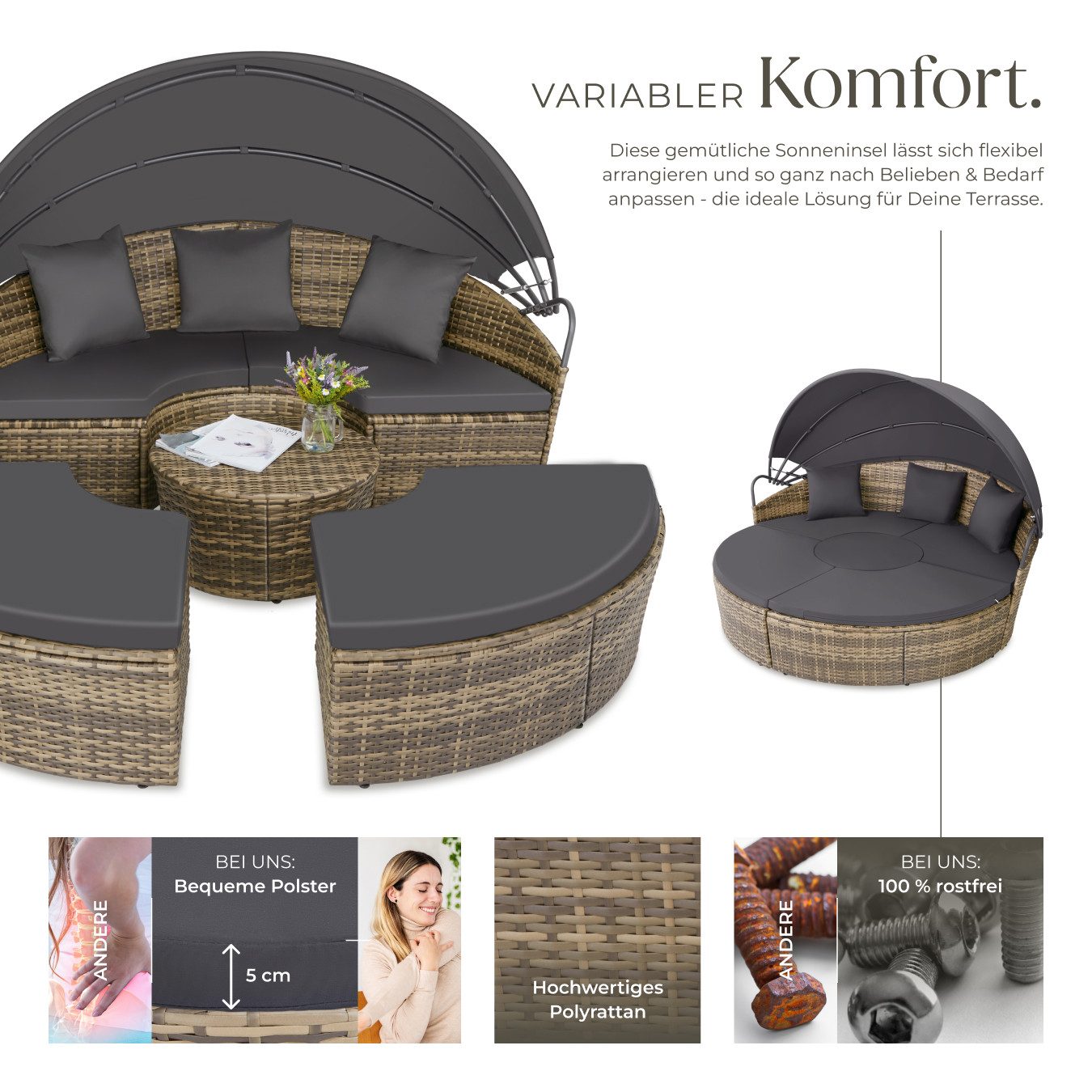tectake Loungeset Rattan Sonneninsel Santorin - UV-beständig und widerstandsfähig, (Gartenlounge-set Santorin, 5-tlg., geeignet für Outdoor in Natur), klappbares Sonnendach & höhenverstellbare Füße