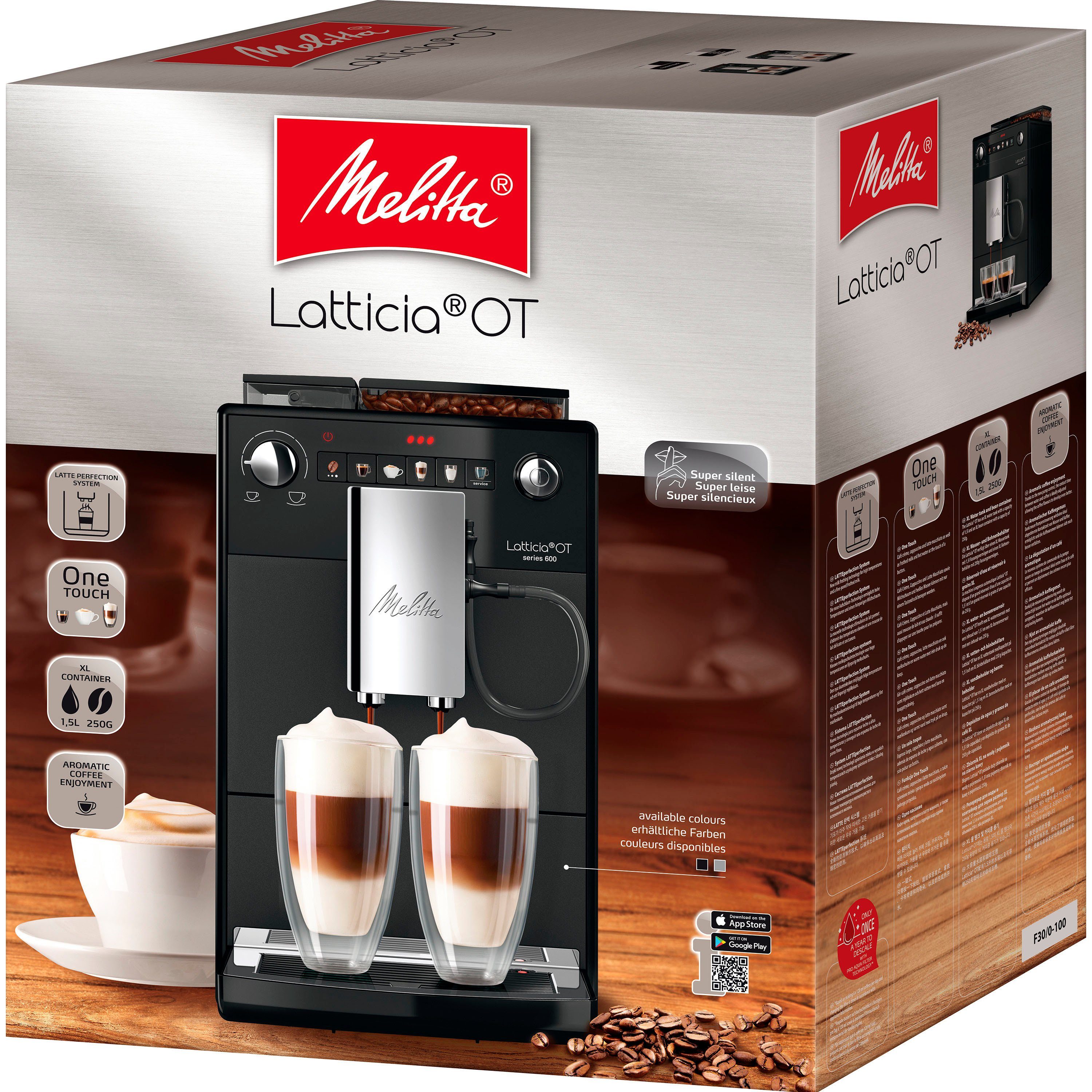 Melitta Kaffeevollautomat XL kompakt, Latticia® schwarz, & Bohnenbehälter Touch aber F300-100, Wassertank XL One