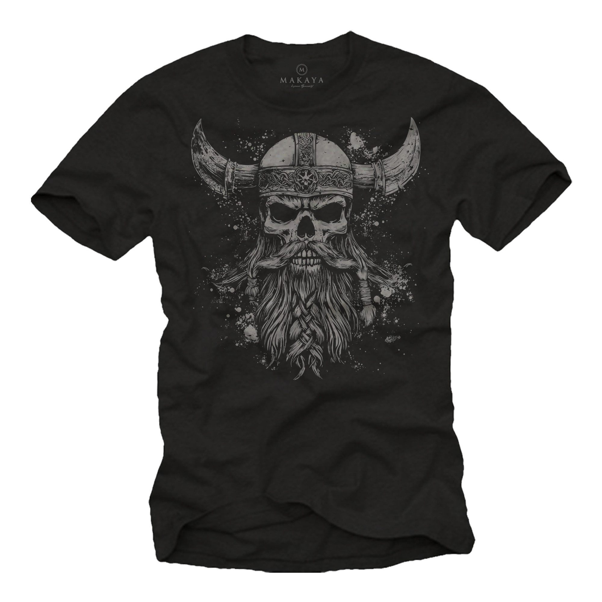 MAKAYA T-Shirt mit Wikinger Krieger Totenkopf Moitv mit Helm Viking Skull für Männer (Schwarz, Blau, Blaugrau, Grün, S, XL, 3XL, 4XL, 5XL, L, M, XXL) Baumwolle